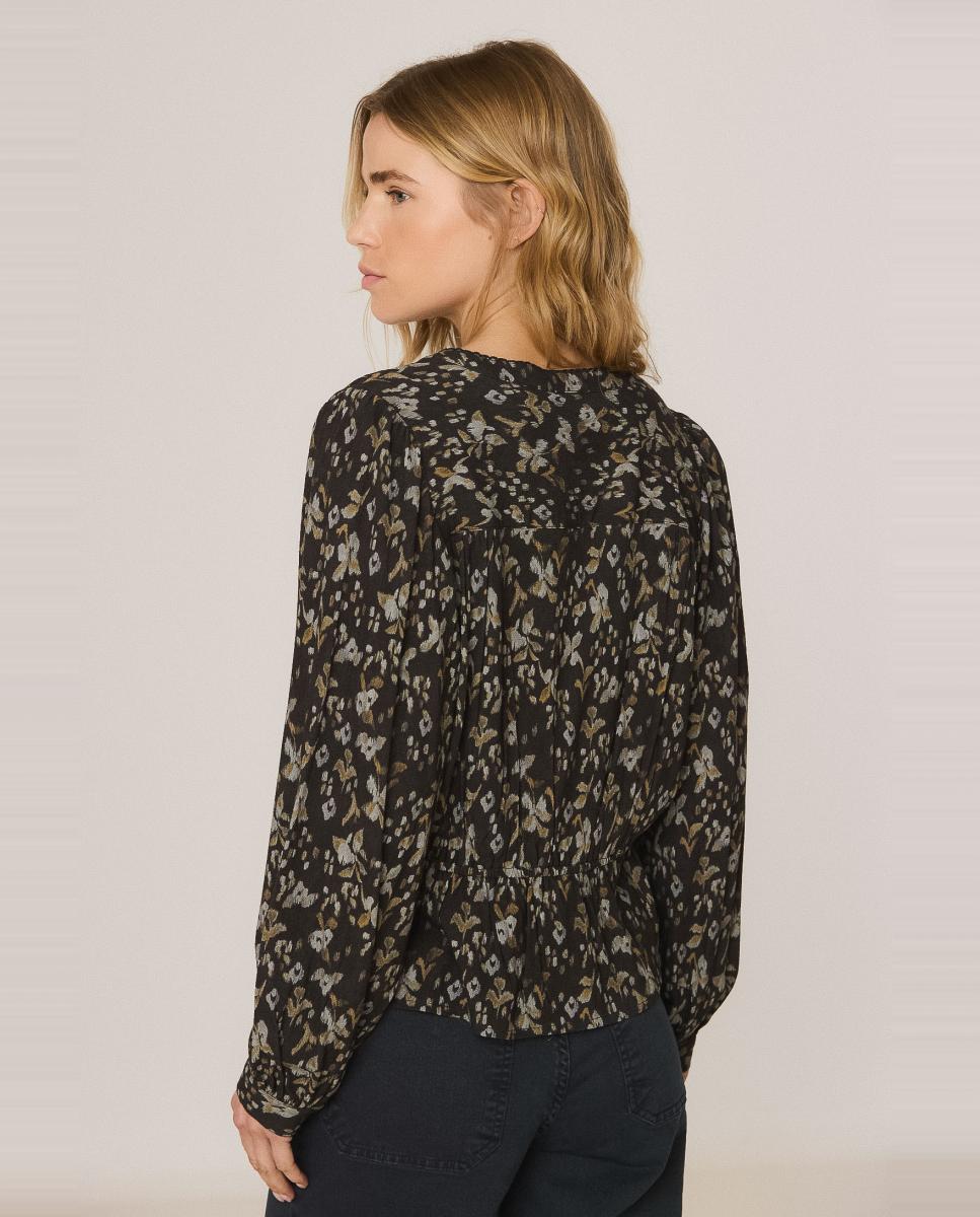 Camisa Cintada com Manga em Balão Preto-2