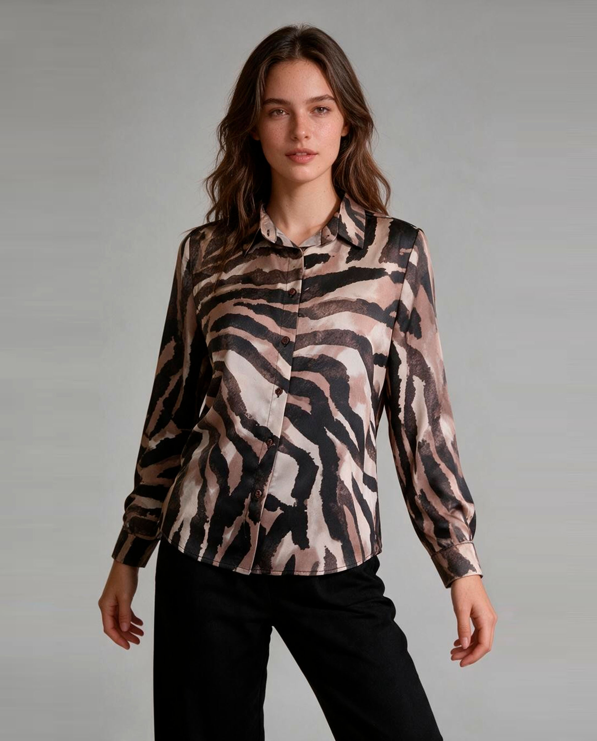 Imagen 0 de Camisa de mujer estampada, manga larga Marrón