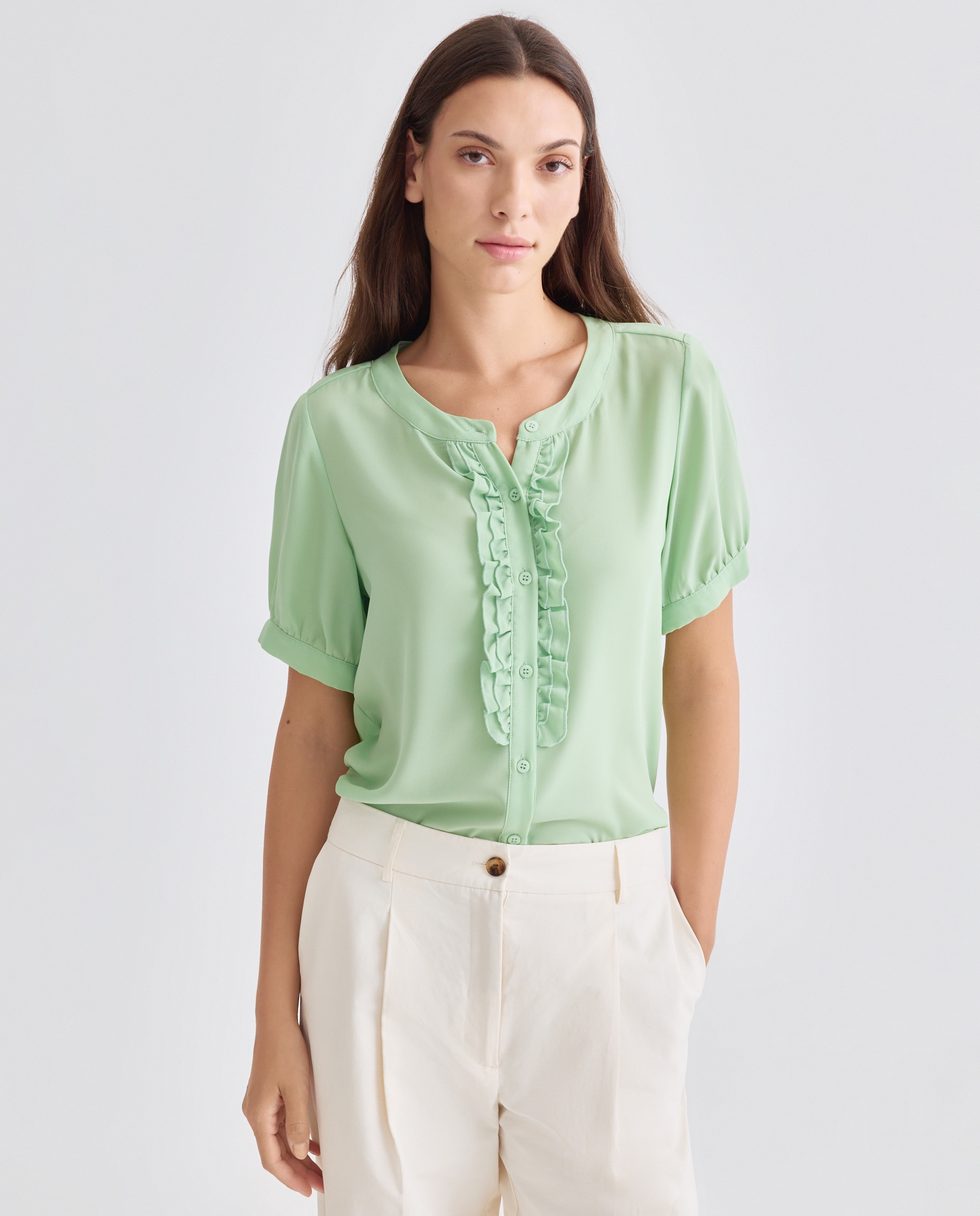 Blusa lisa de mulher com manga curta Verde-1