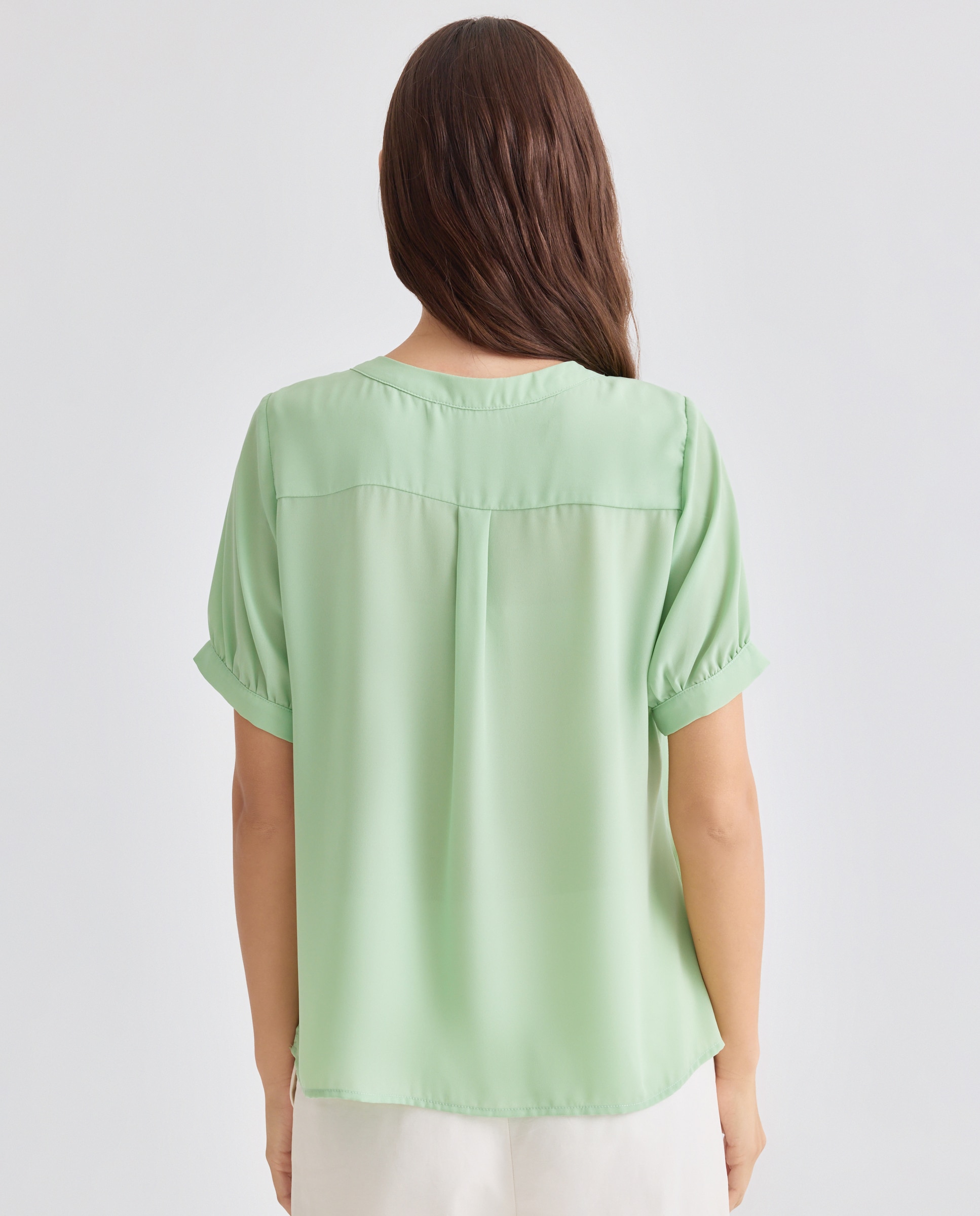 Blusa lisa de mulher com manga curta Verde-2