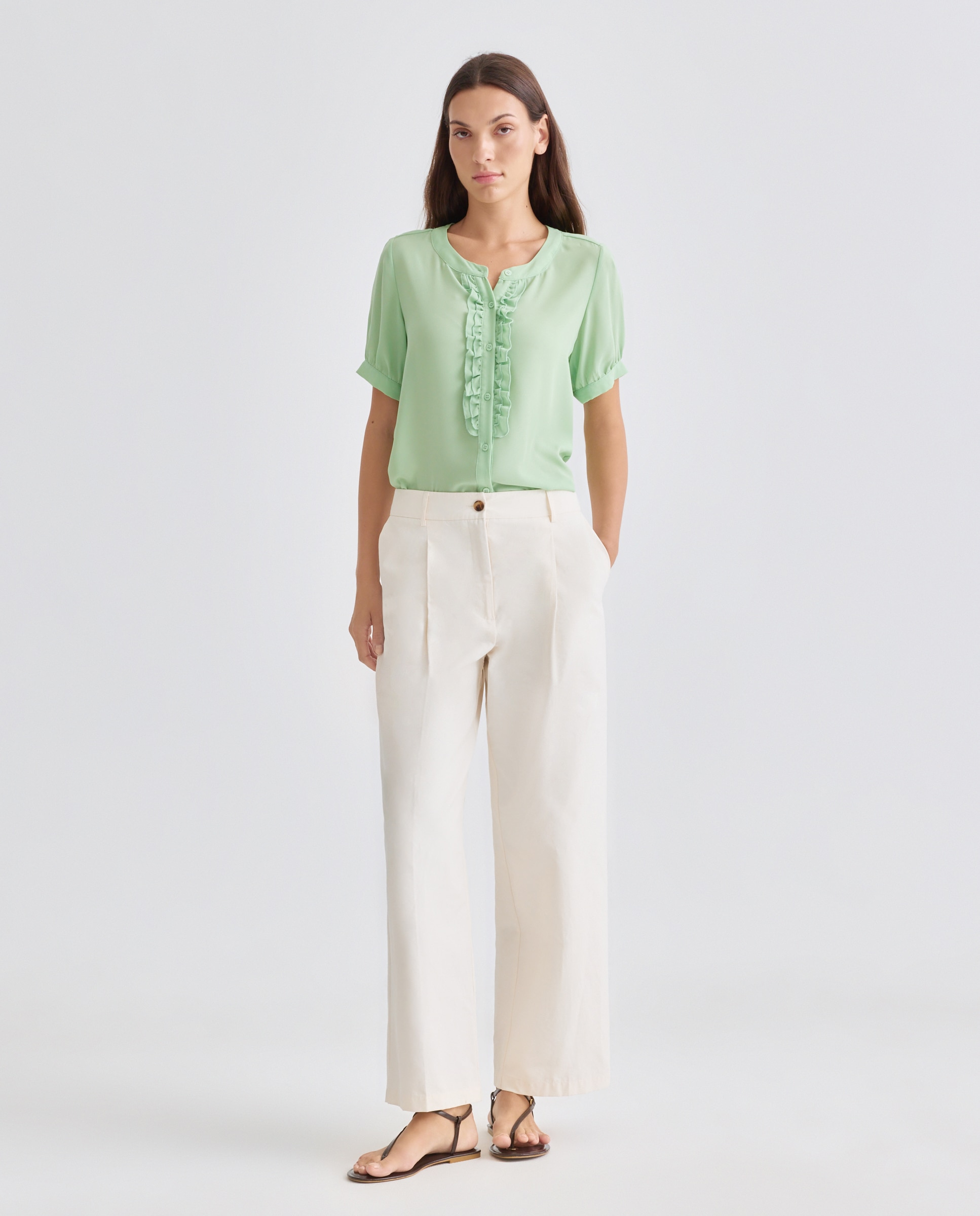 Blusa lisa de mulher com manga curta Verde-3