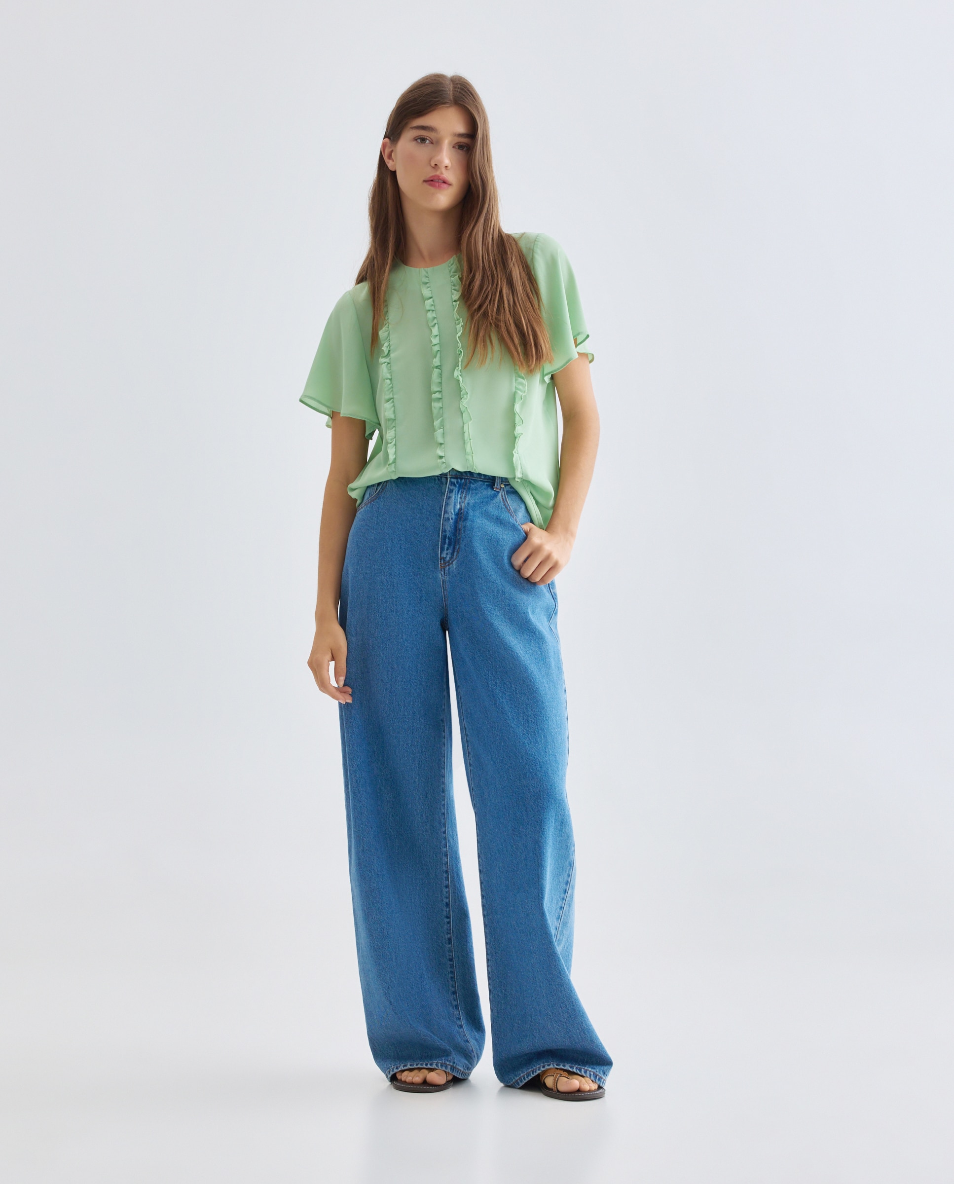 Blusa lisa de mulher com manga curta Verde-2