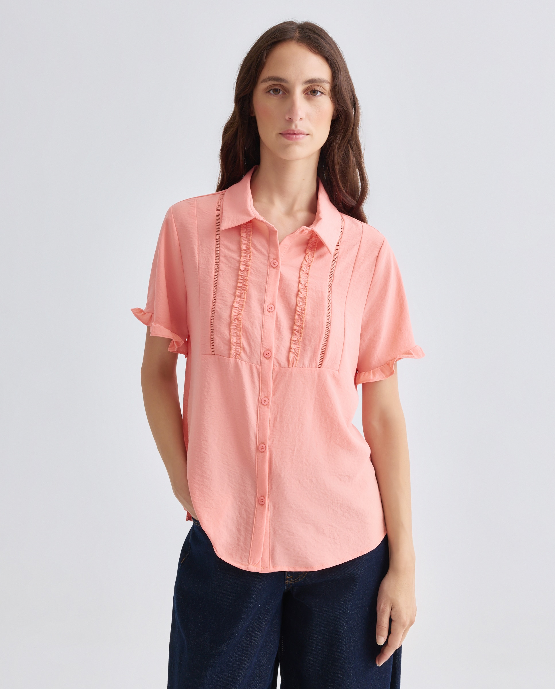 Camisa lisa de mulher com manga curta Pêssego-1