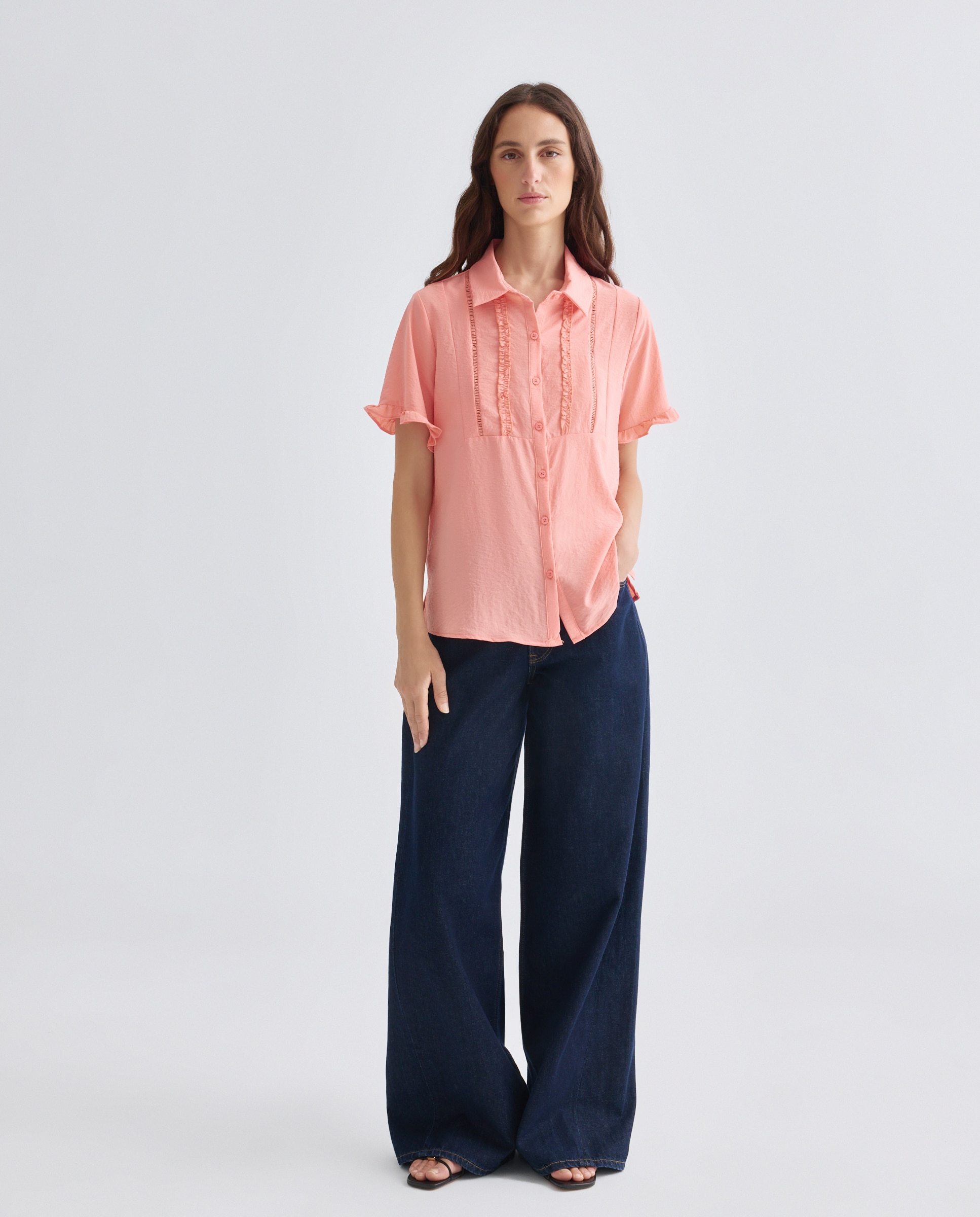 Camisa lisa de mulher com manga curta Pêssego-2