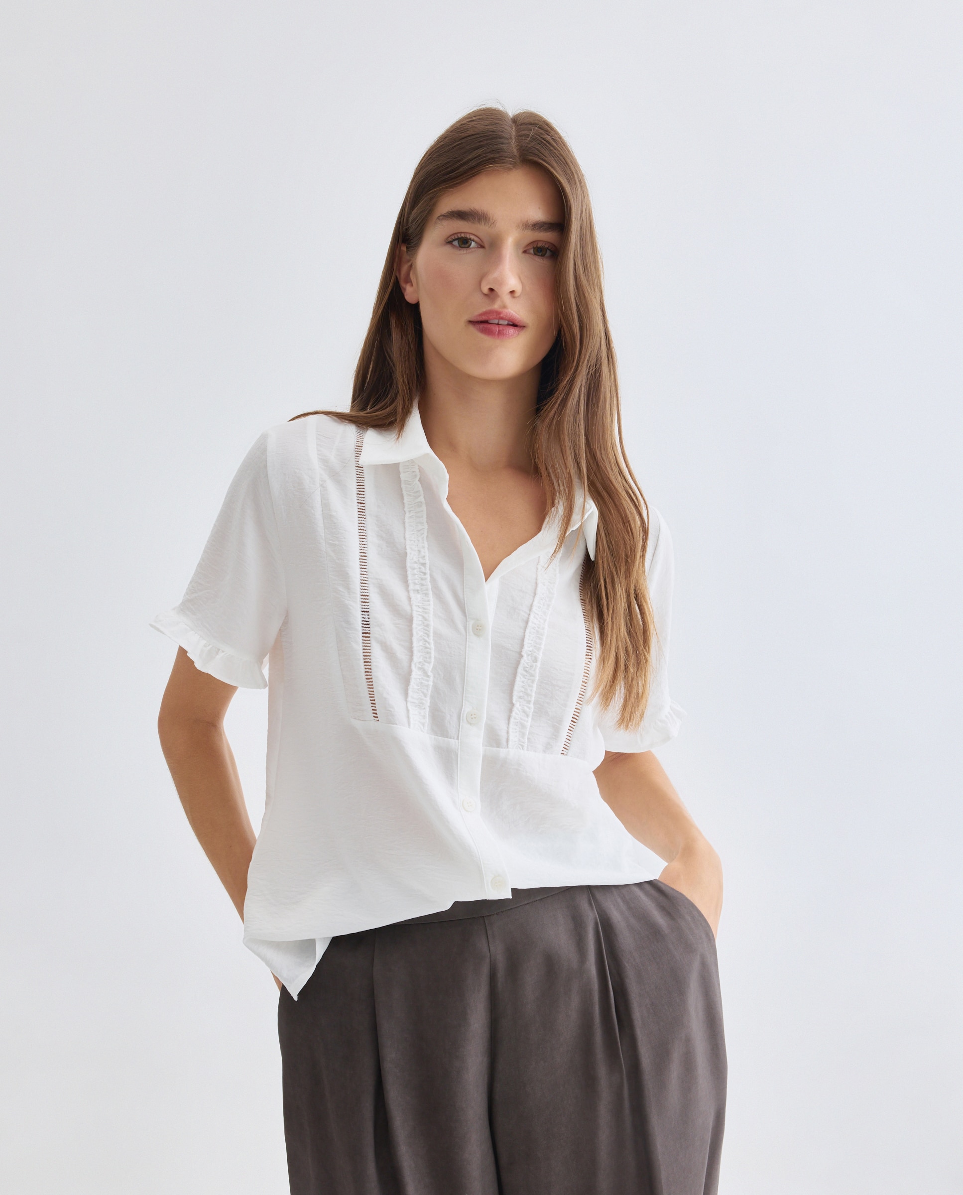 Camisa lisa de mulher com manga curta Natural-2
