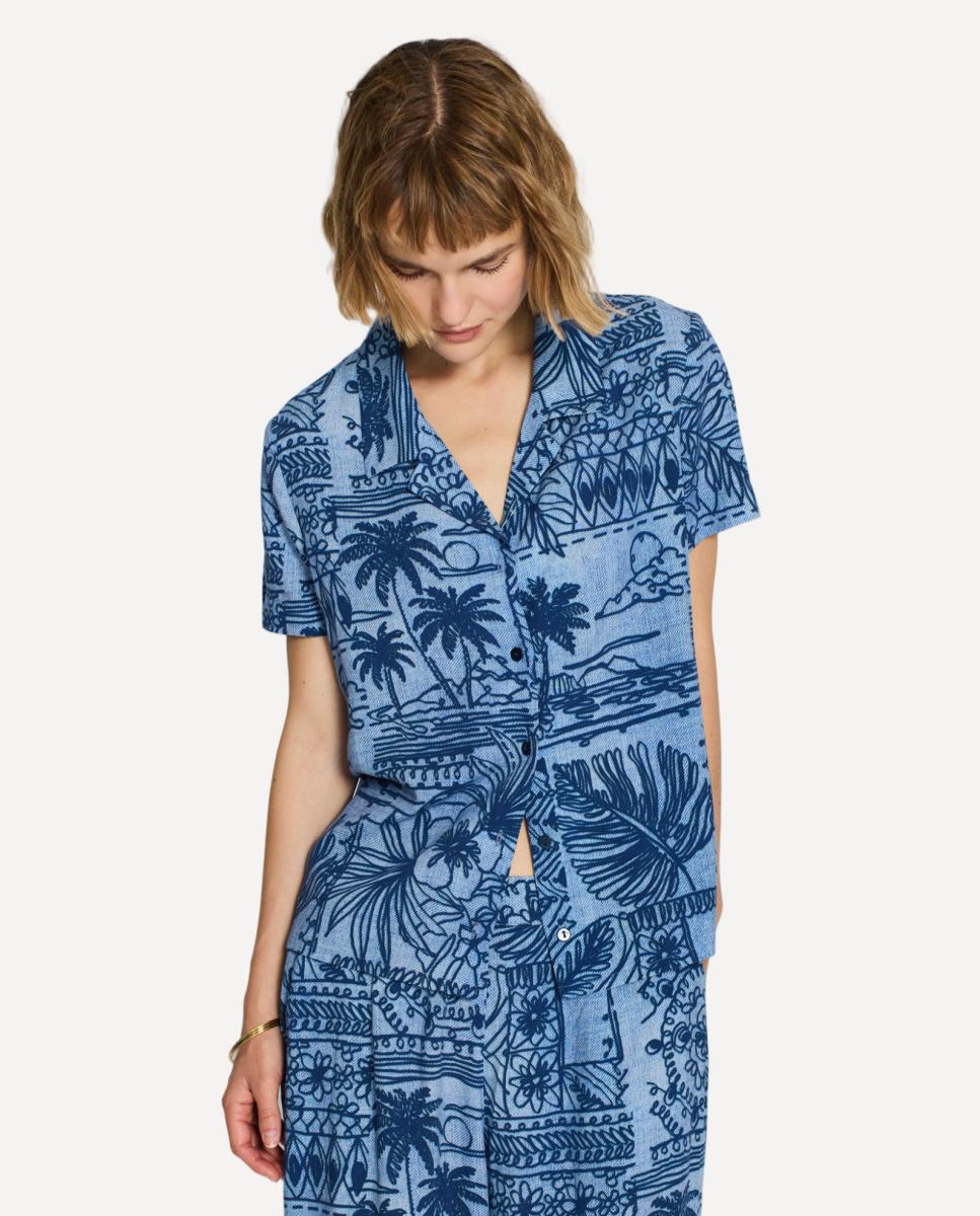 Camisa de Gola com Lapela e Decote em Bico com Manga Curta Azul-marinho-1