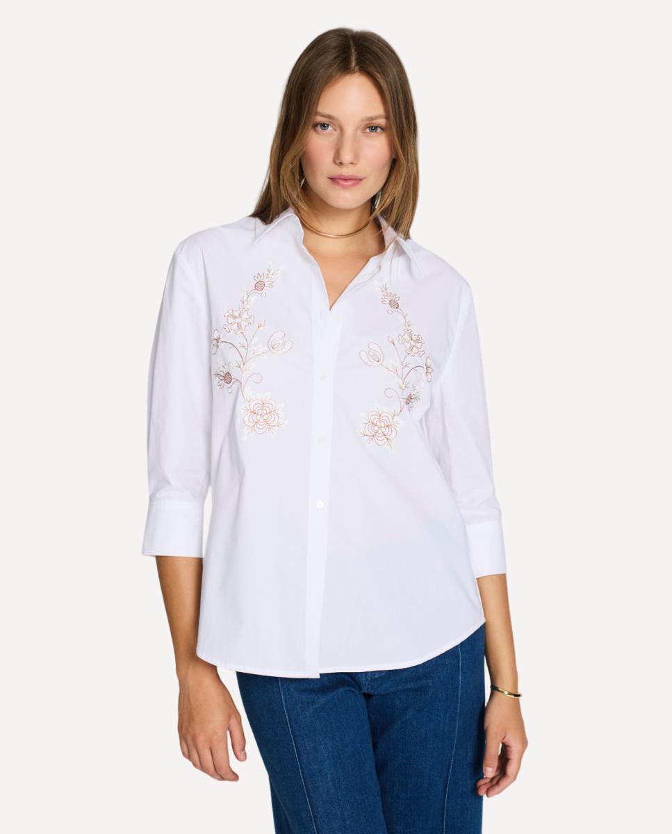 Imagem 0 de Camisa com Fecho, Manga 3/4 e Bordados Florais no Peito