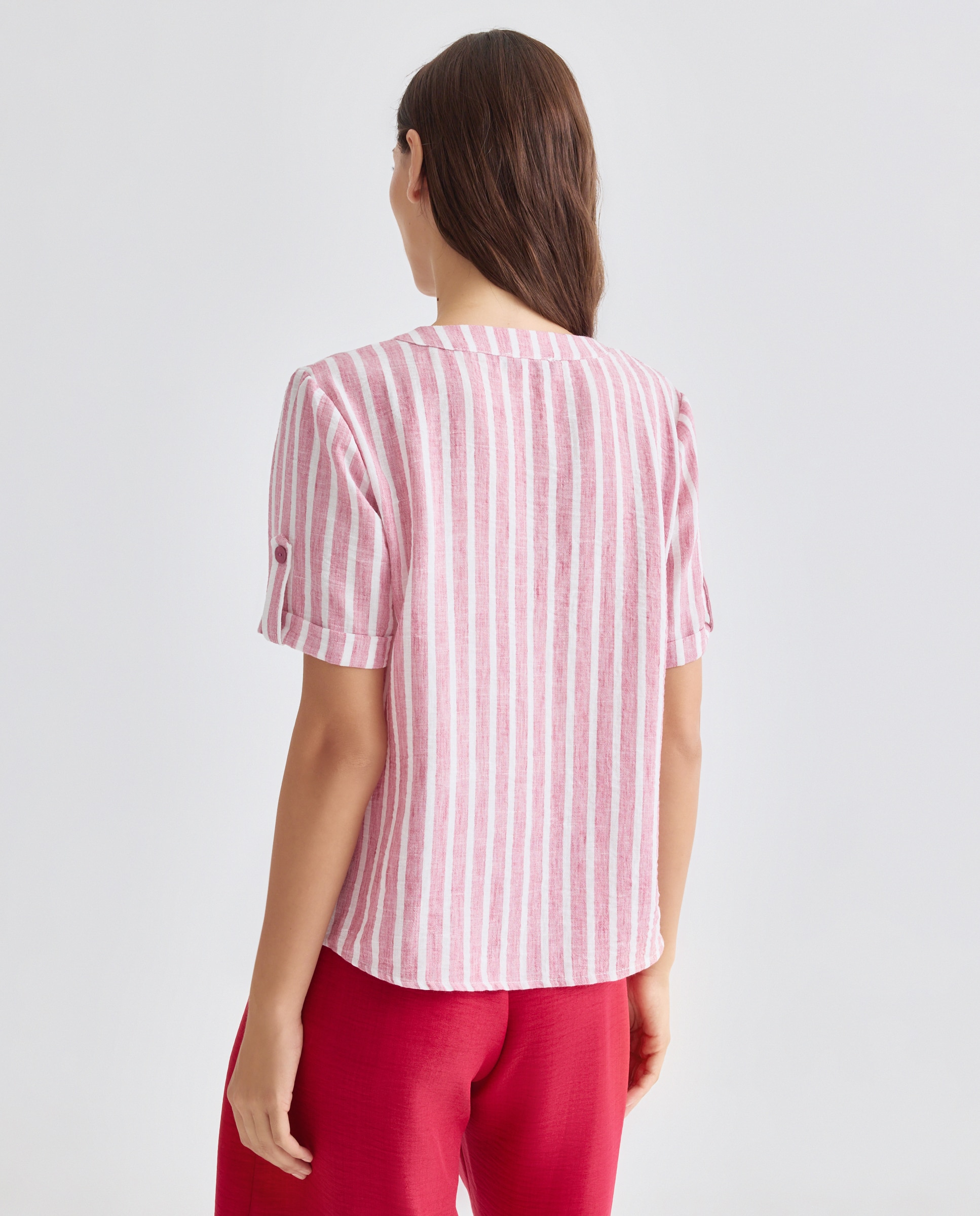 Blusa às Riscas com Manga Curta Grená-2