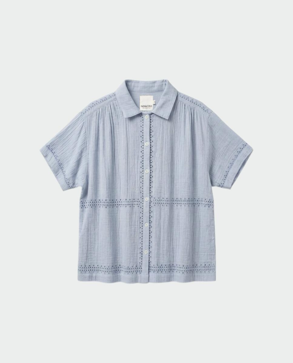 Camisa de mujer cuello camisero manga corta - Indi & Cold - Azul Azul-4