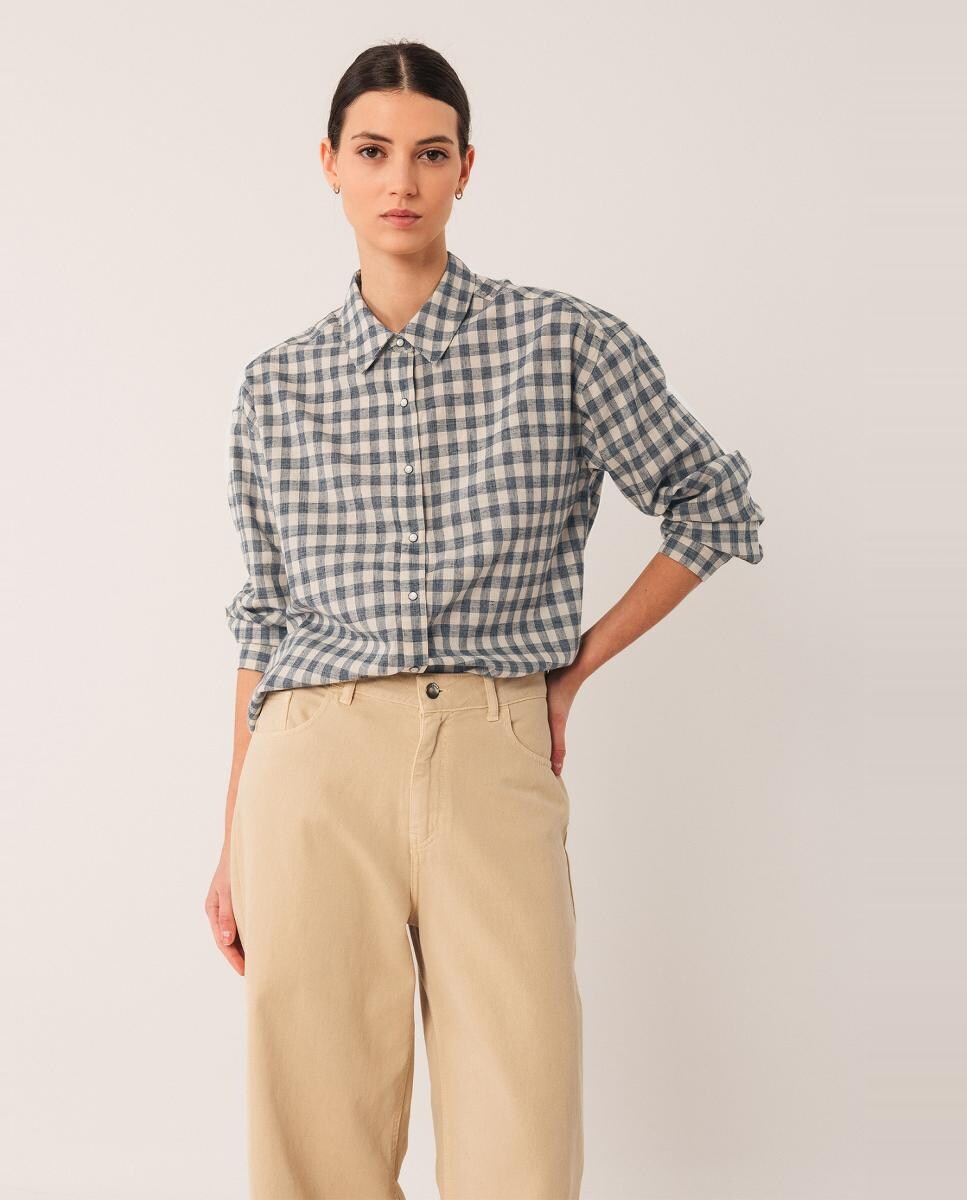 Camisa de manga comprida com colarinho de camisa Azul-índigo-1