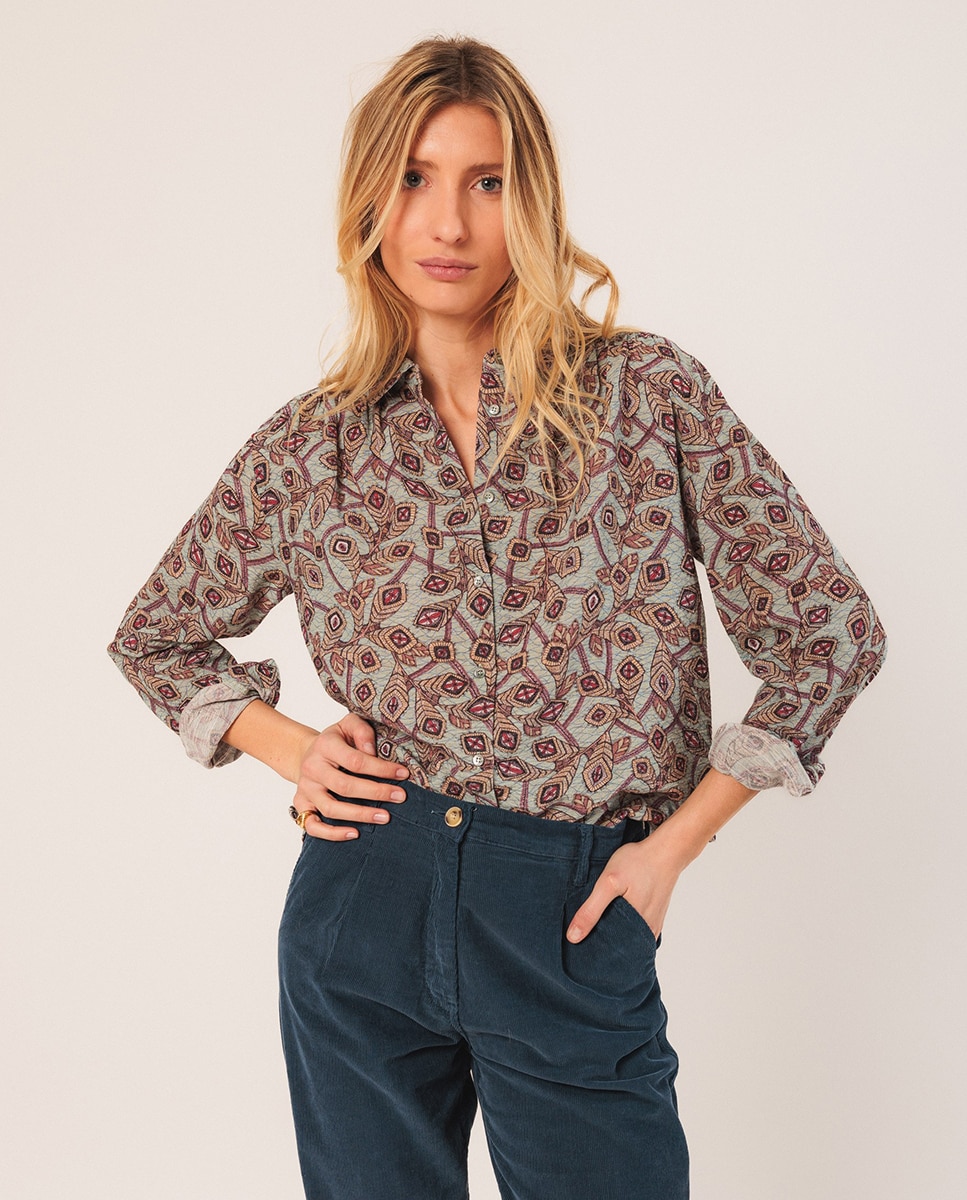 Camisa estampada com manga comprida Verde Água-1