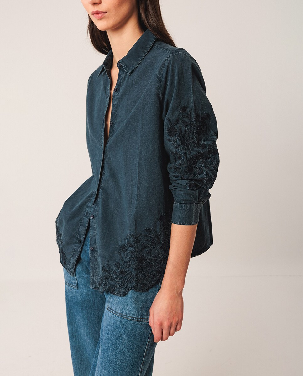 Camisa de manga comprida com colarinho de camisa Azul-marinho-1