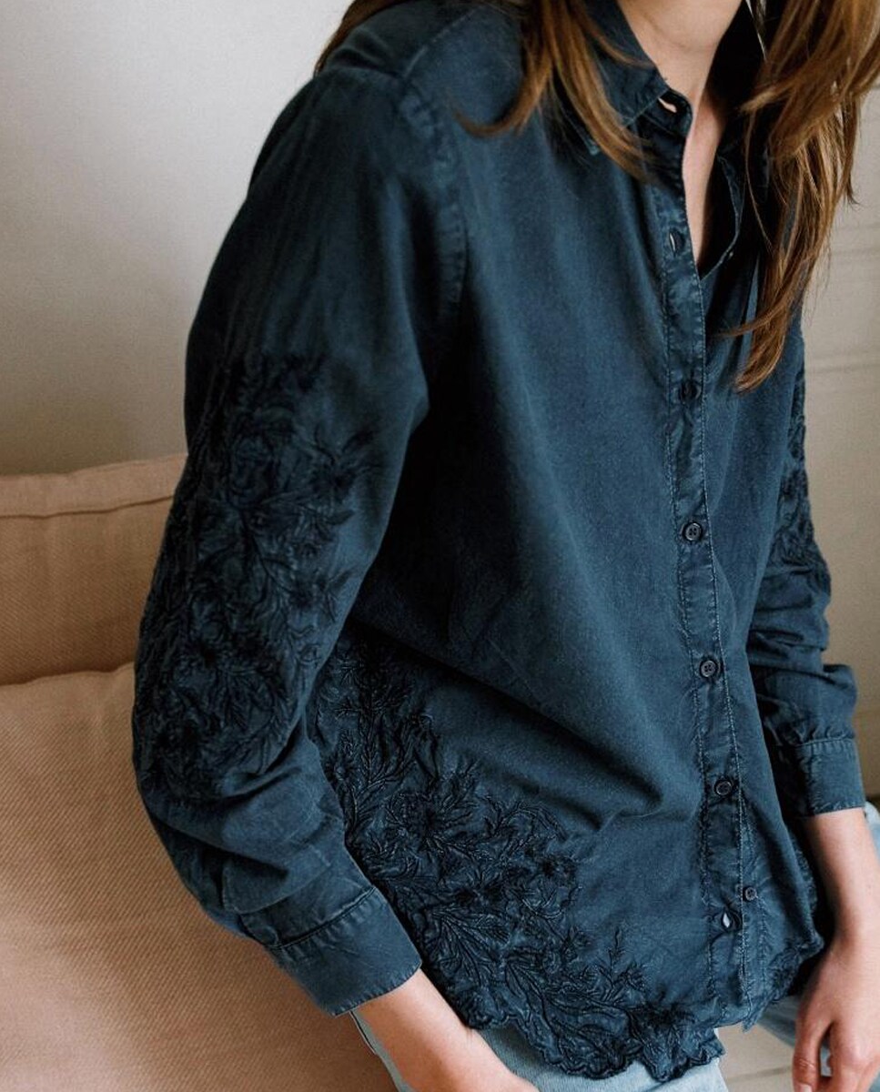 Camisa de manga comprida com colarinho de camisa Azul-marinho-3