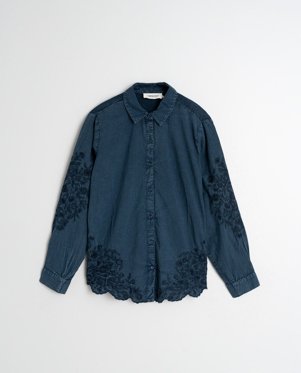 Camisa de manga comprida com colarinho de camisa Azul-marinho-5