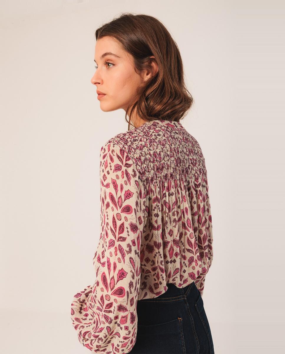 Camisa de manga comprida com decote redondo Fúcsia-2