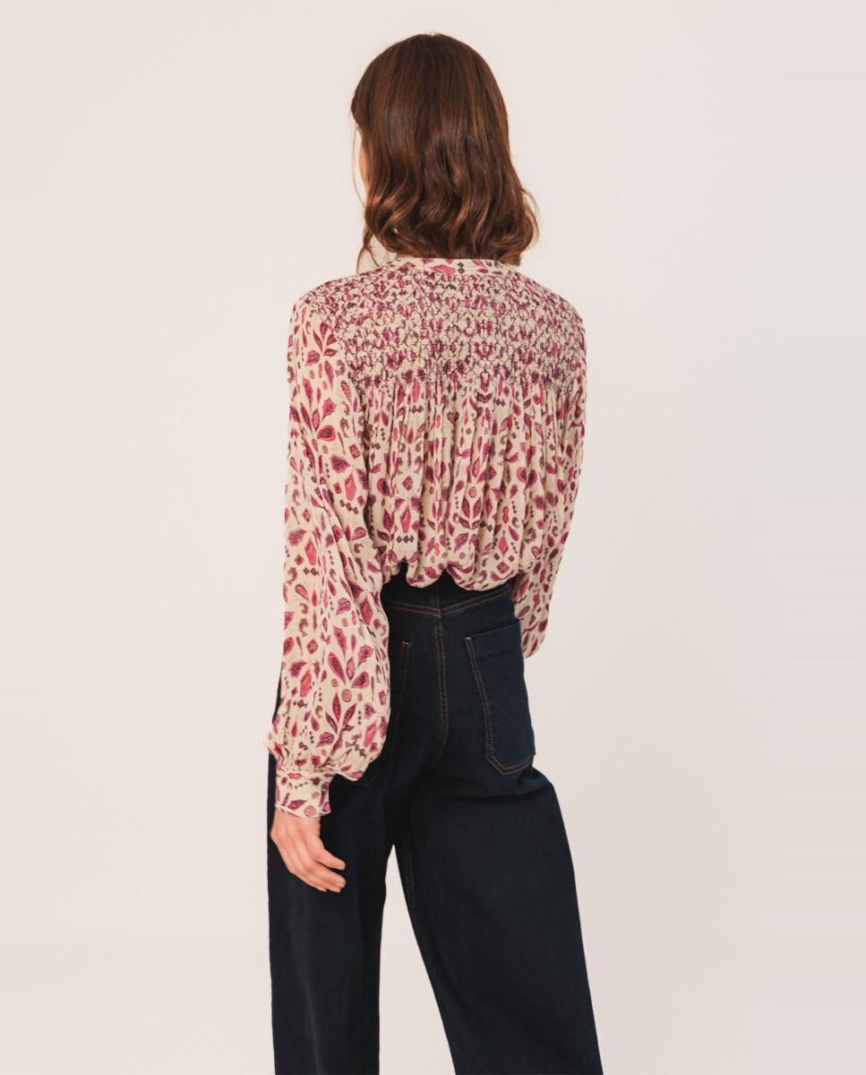 Camisa de manga comprida com decote redondo Fúcsia-4