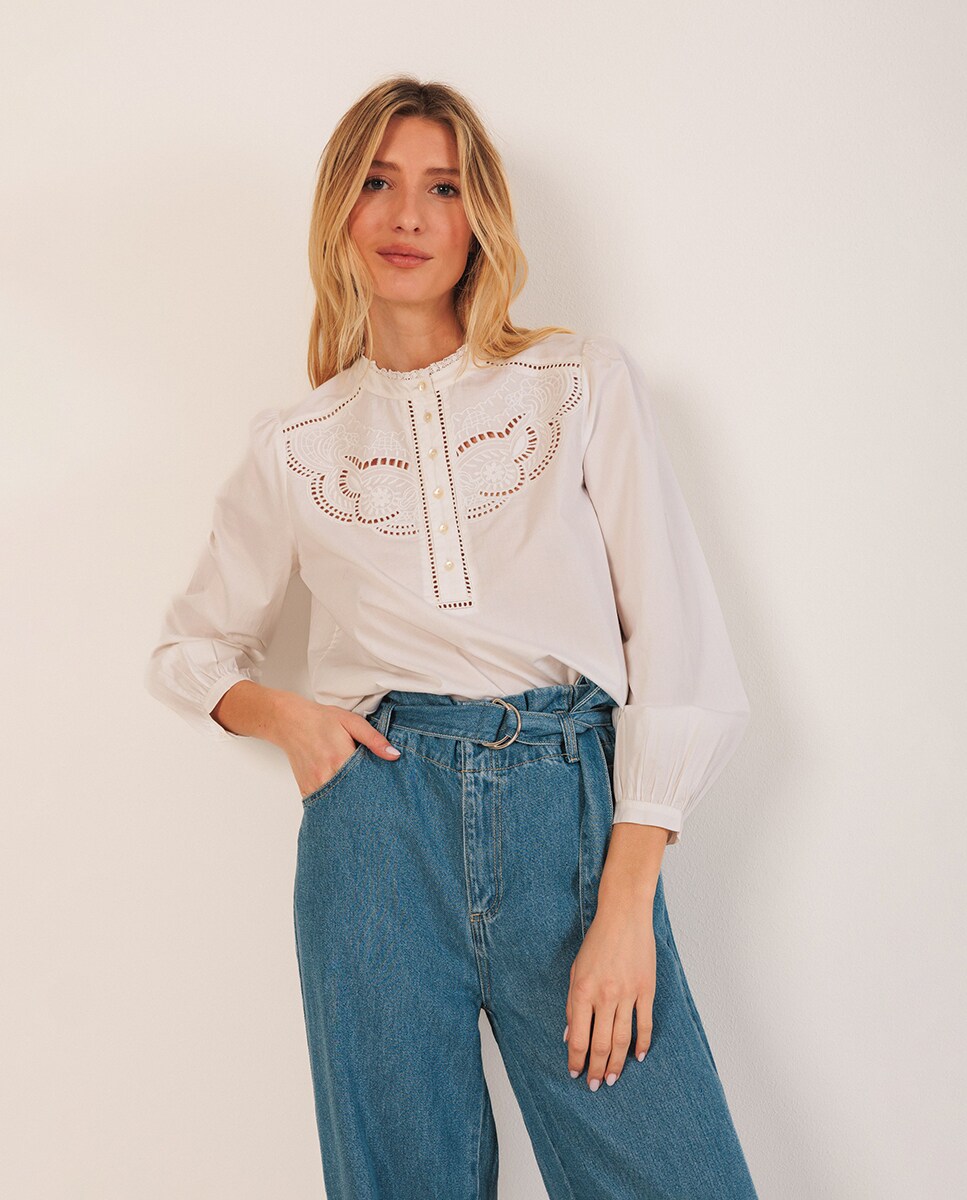 Blusa de Manga Comprida com Decote Redondo Branco-1