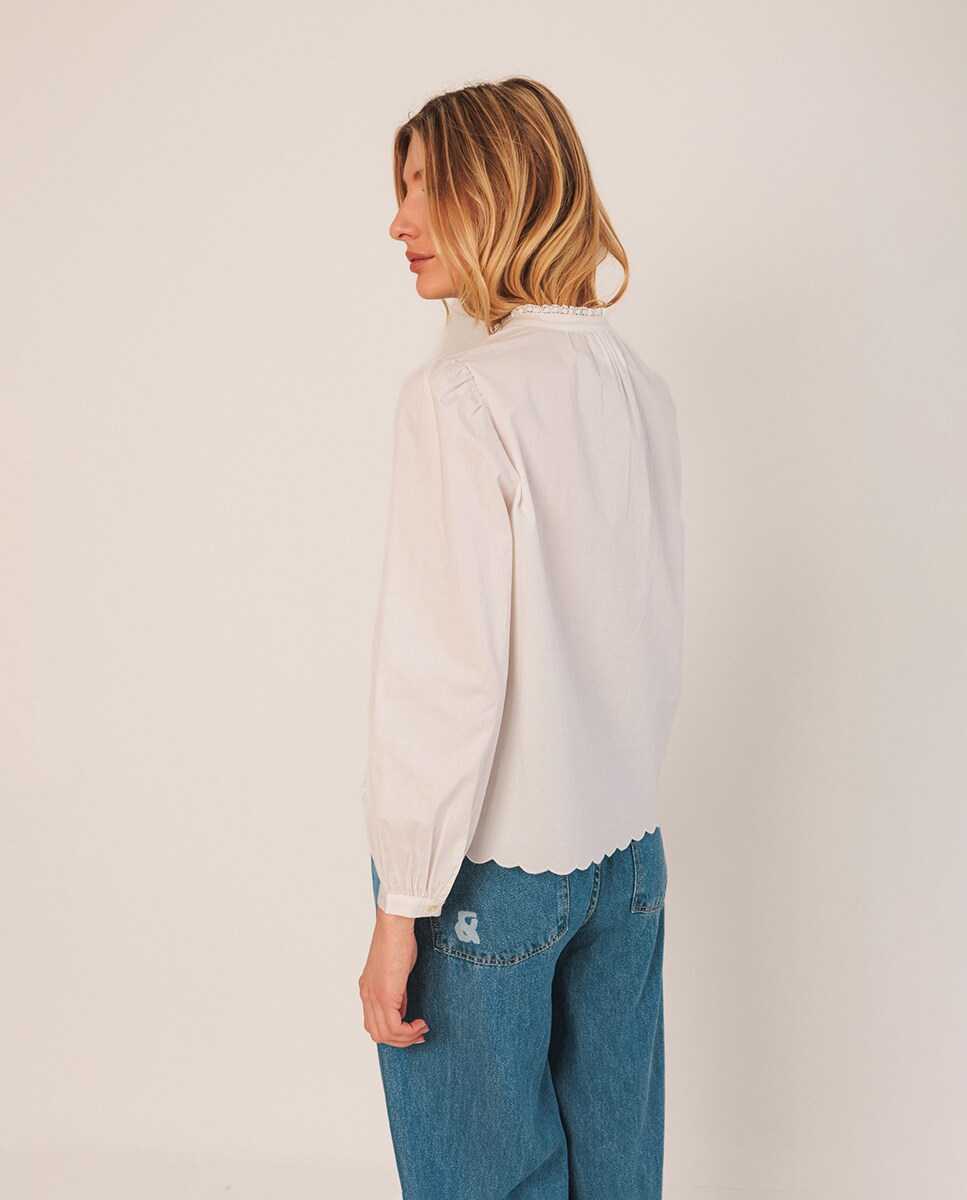 Blusa de Manga Comprida com Decote Redondo Branco-3