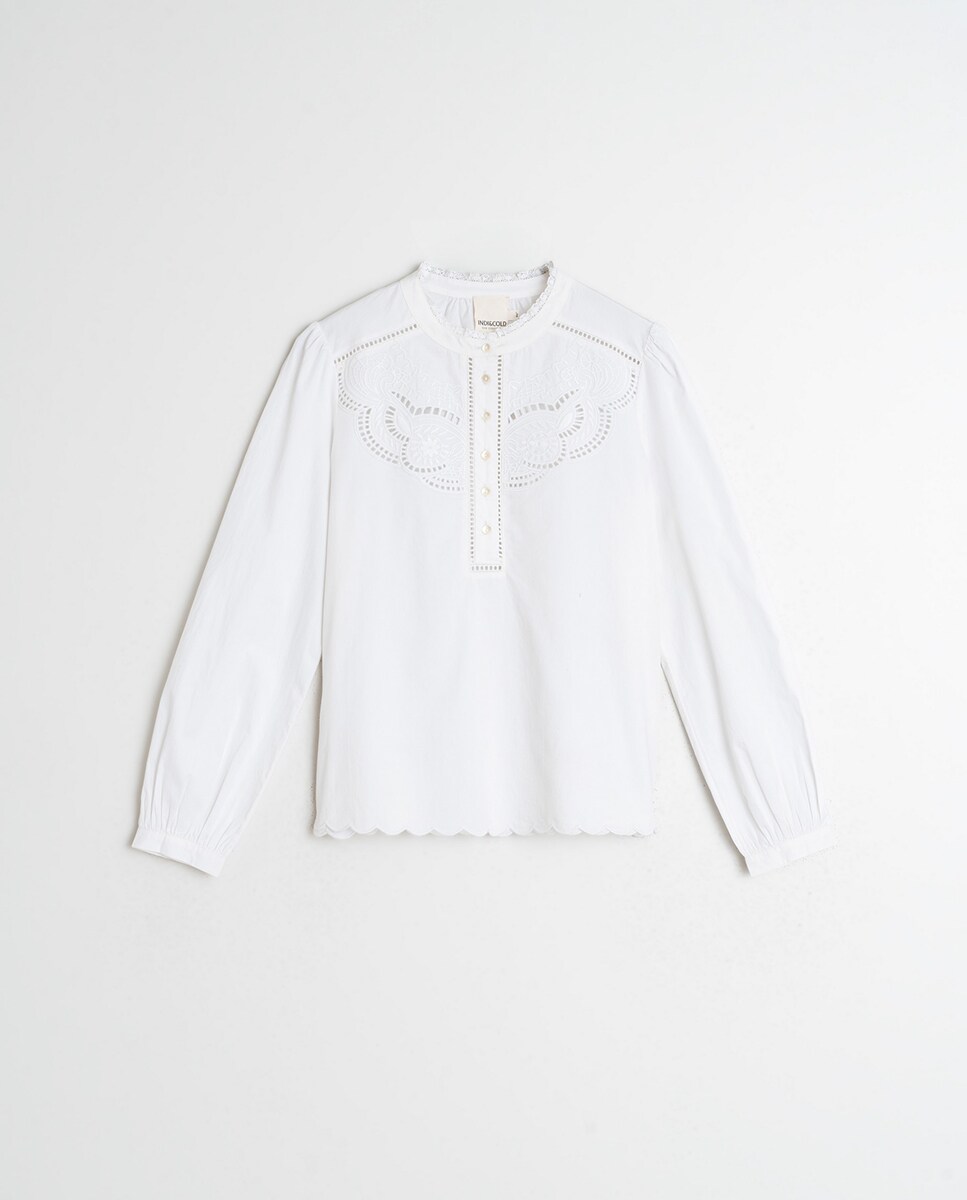 Blusa de Manga Comprida com Decote Redondo Branco-4