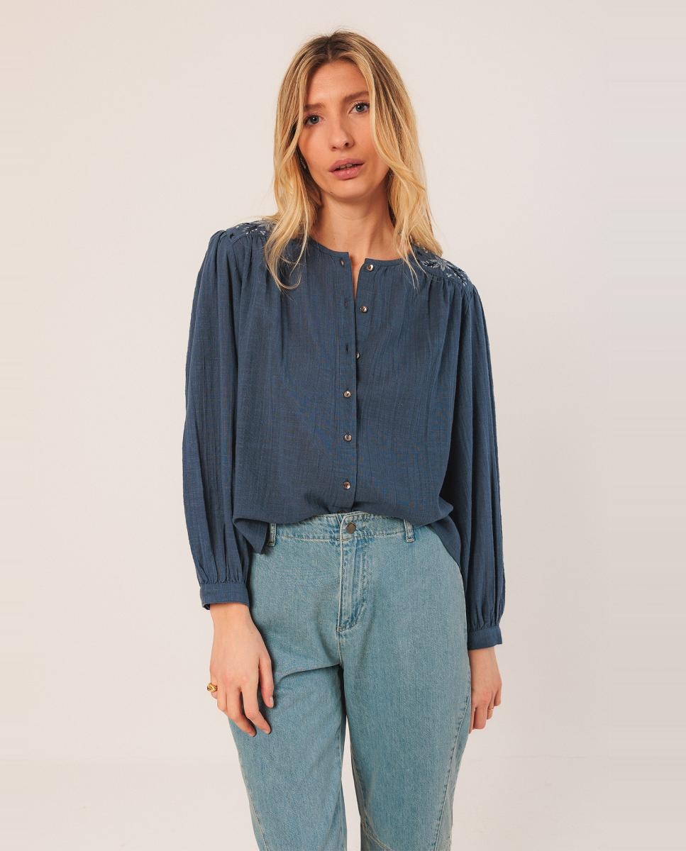 Camisa de manga comprida com decote redondo Azul-índigo-1