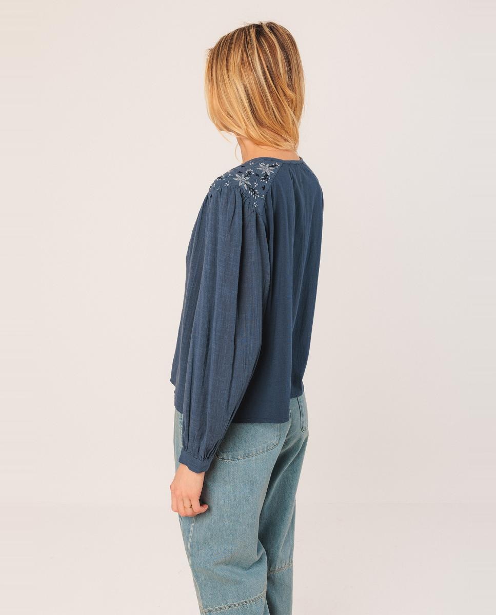 Camisa de manga comprida com decote redondo Azul-índigo-2