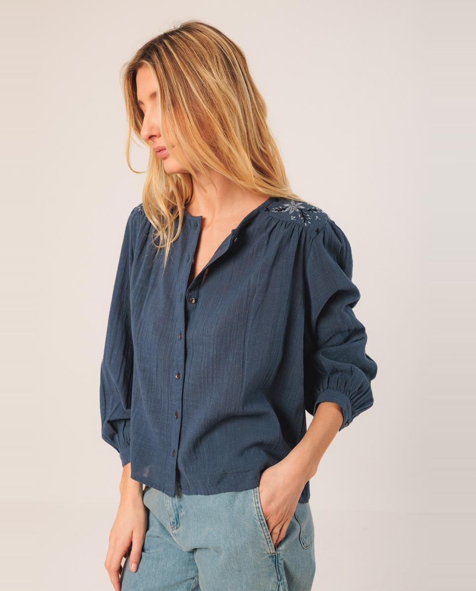 Camisa de manga comprida com decote redondo Azul-índigo-3