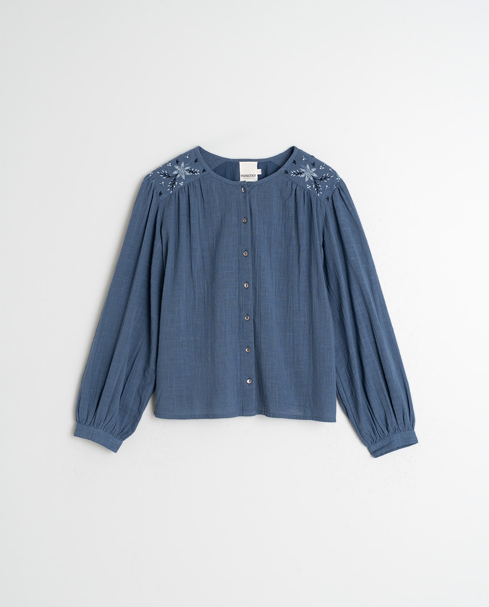 Camisa de manga comprida com decote redondo Azul-índigo-4