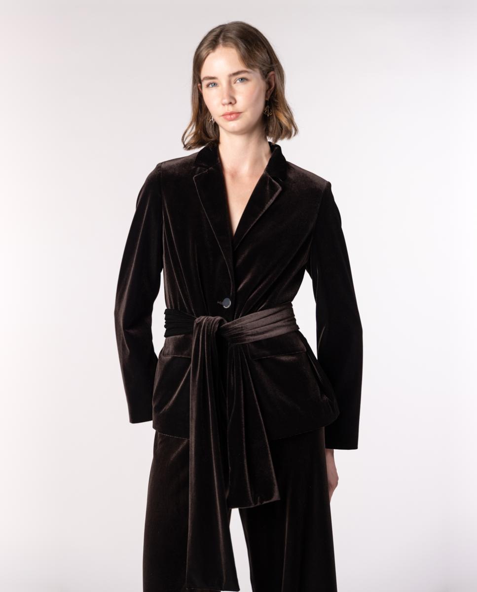 Chaqueta americana de mujer de terciopelo con cinturón tipo lazada. - Naulover - Marrón oscuro Marrón oscuro-1
