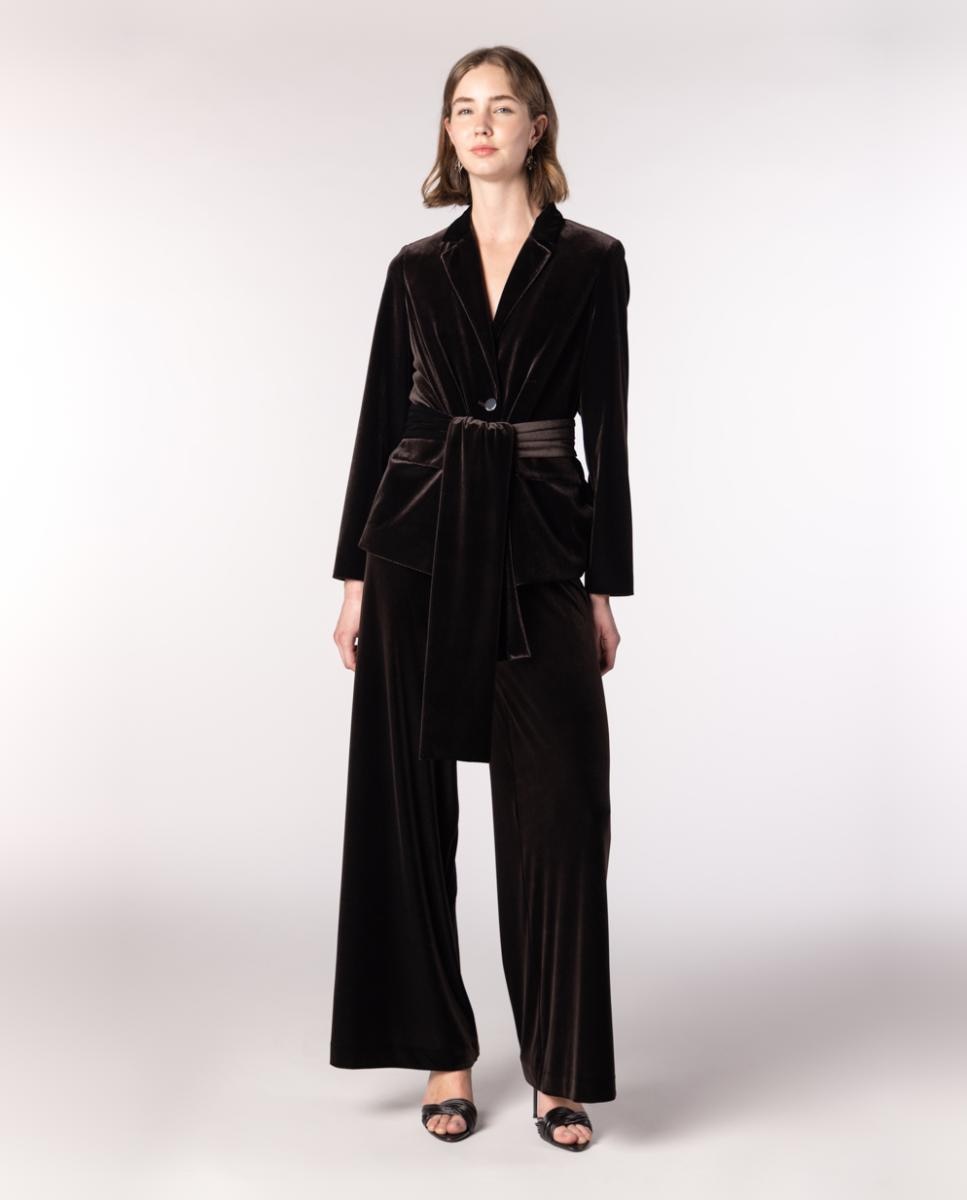 Chaqueta americana de mujer de terciopelo con cinturón tipo lazada. - Naulover - Marrón oscuro Marrón oscuro-2