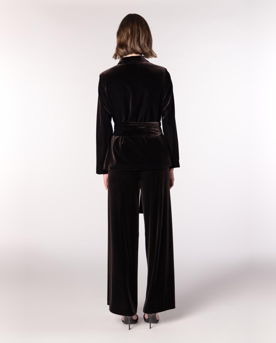 Chaqueta americana de mujer de terciopelo con cinturón tipo lazada. - Naulover - Marrón oscuro Marrón oscuro-3