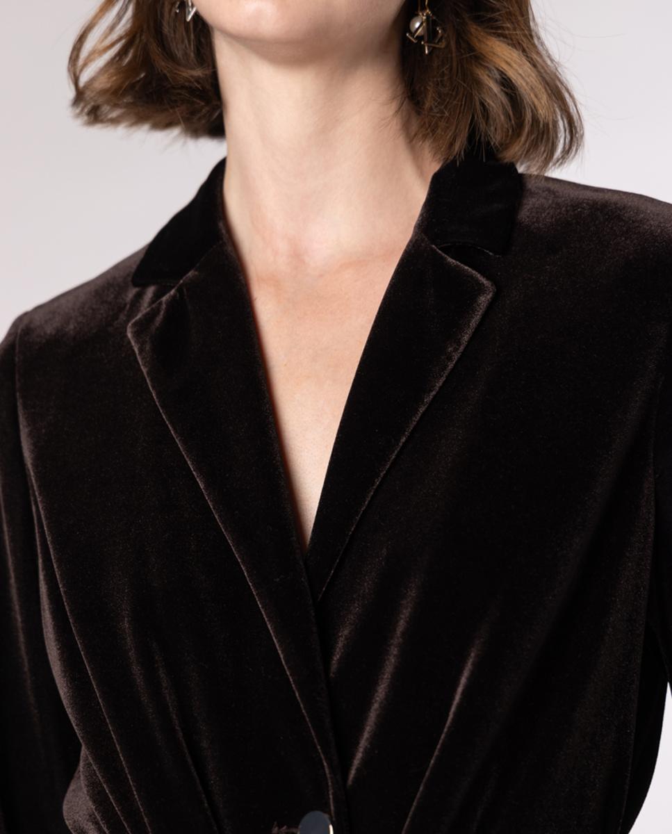 Chaqueta americana de mujer de terciopelo con cinturón tipo lazada. - Naulover - Marrón oscuro Marrón oscuro-4