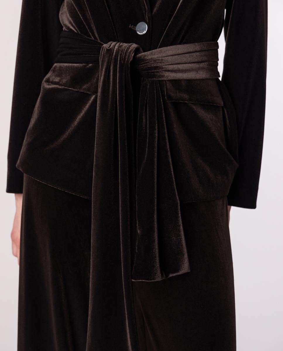 Chaqueta americana de mujer de terciopelo con cinturón tipo lazada. - Naulover - Marrón oscuro Marrón oscuro-5