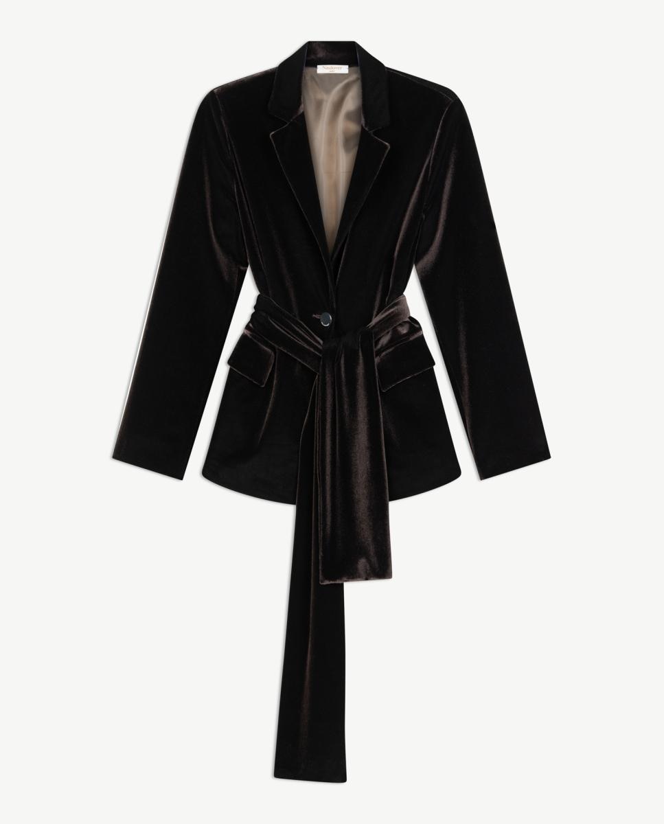 Chaqueta americana de mujer de terciopelo con cinturón tipo lazada. - Naulover - Marrón oscuro Marrón oscuro-6