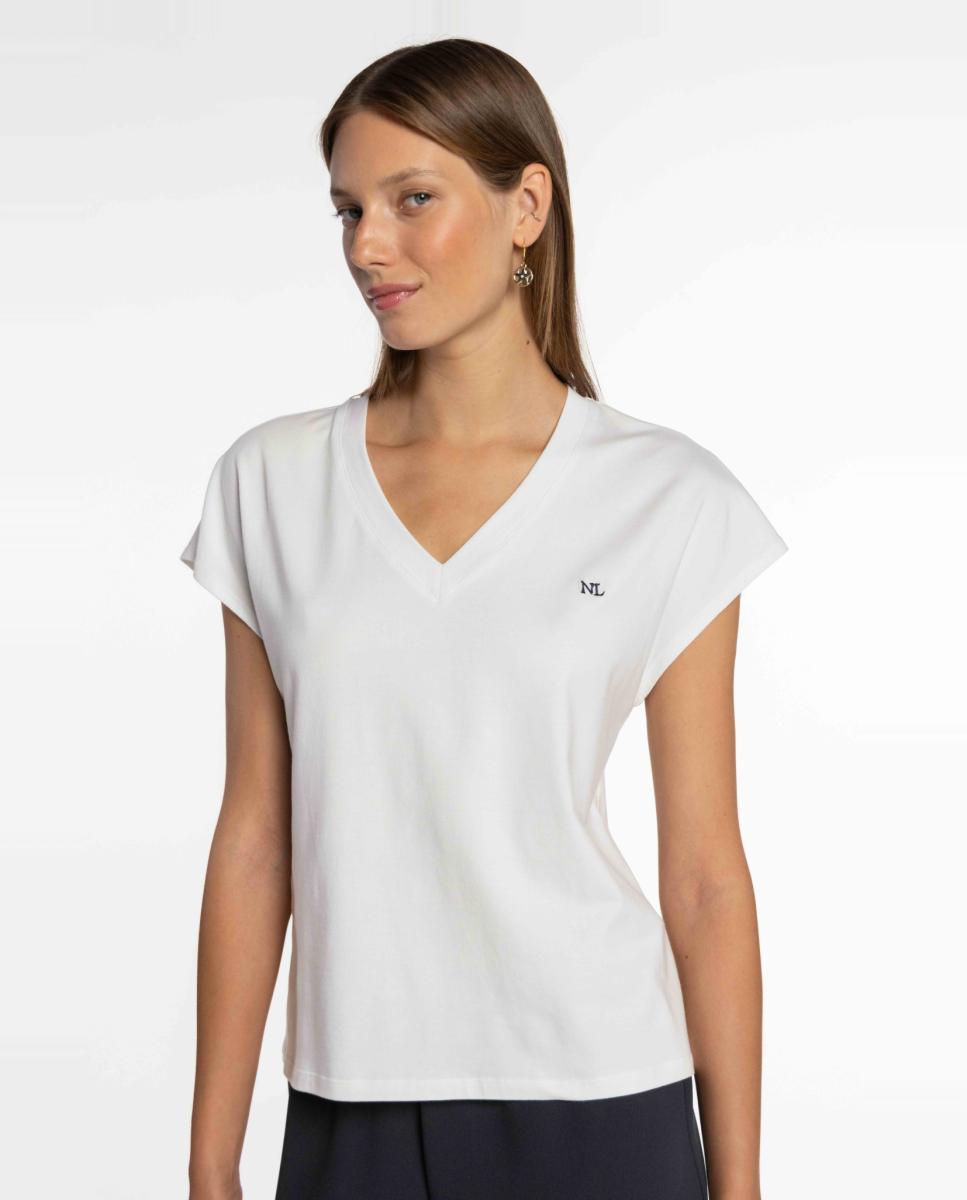 T-shirt de Algodão com Logótipo Bordado. Branco-1