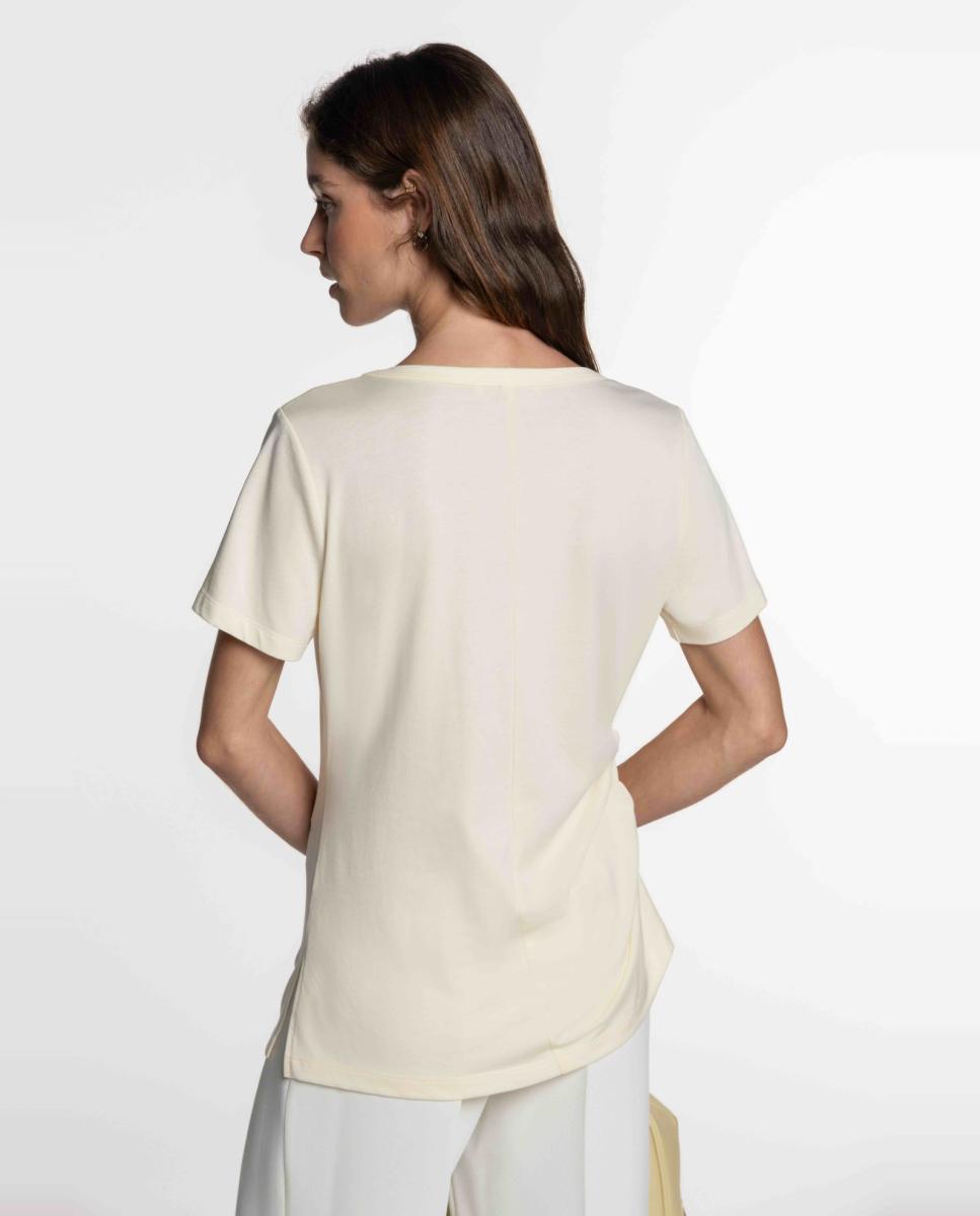 T-shirt de Algodão com Franzido Lateral Creme-2