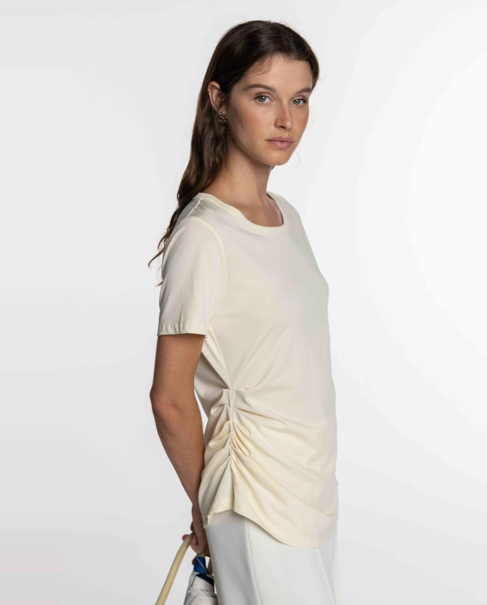 T-shirt de Algodão com Franzido Lateral Creme-3