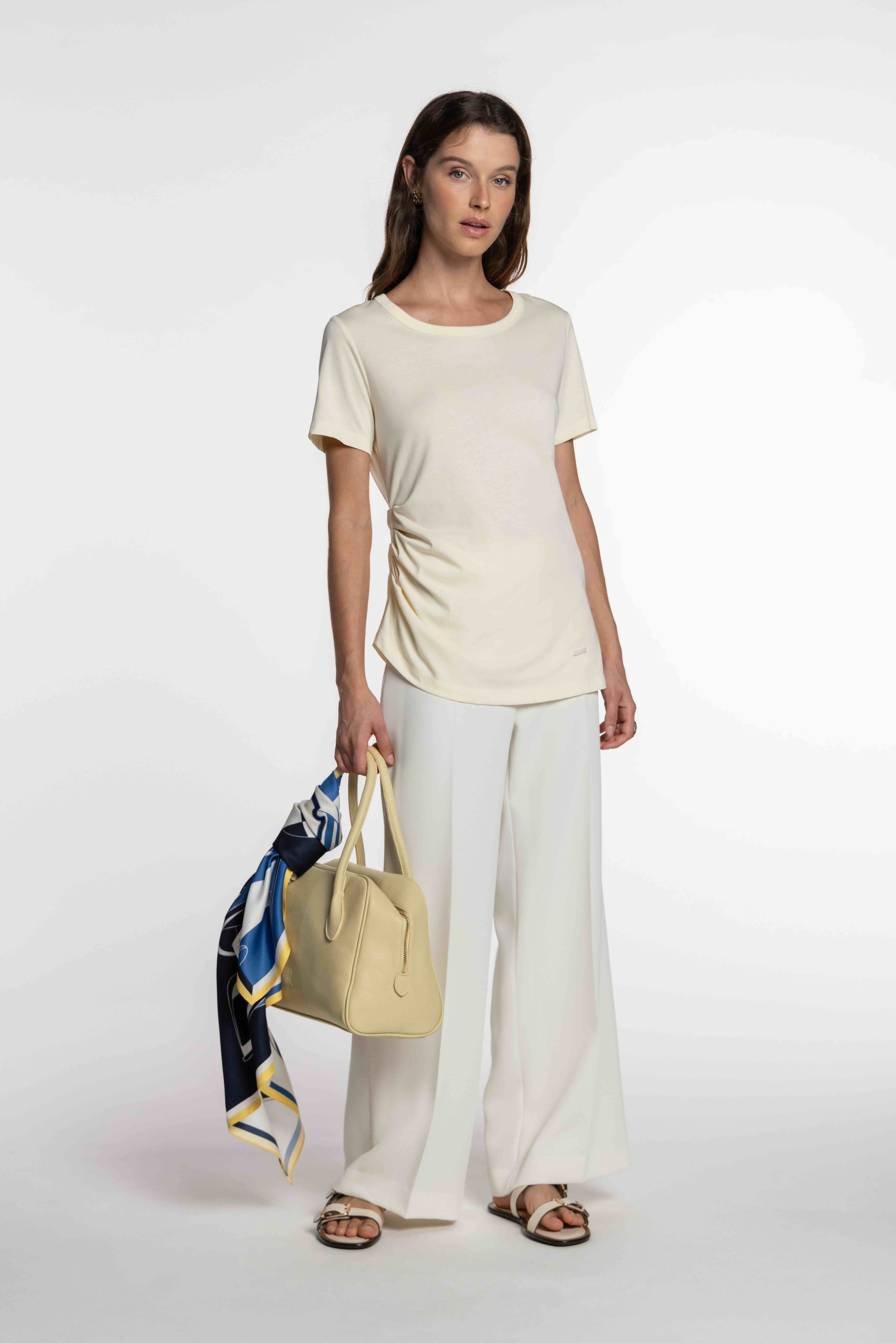 T-shirt de Algodão com Franzido Lateral Creme-6