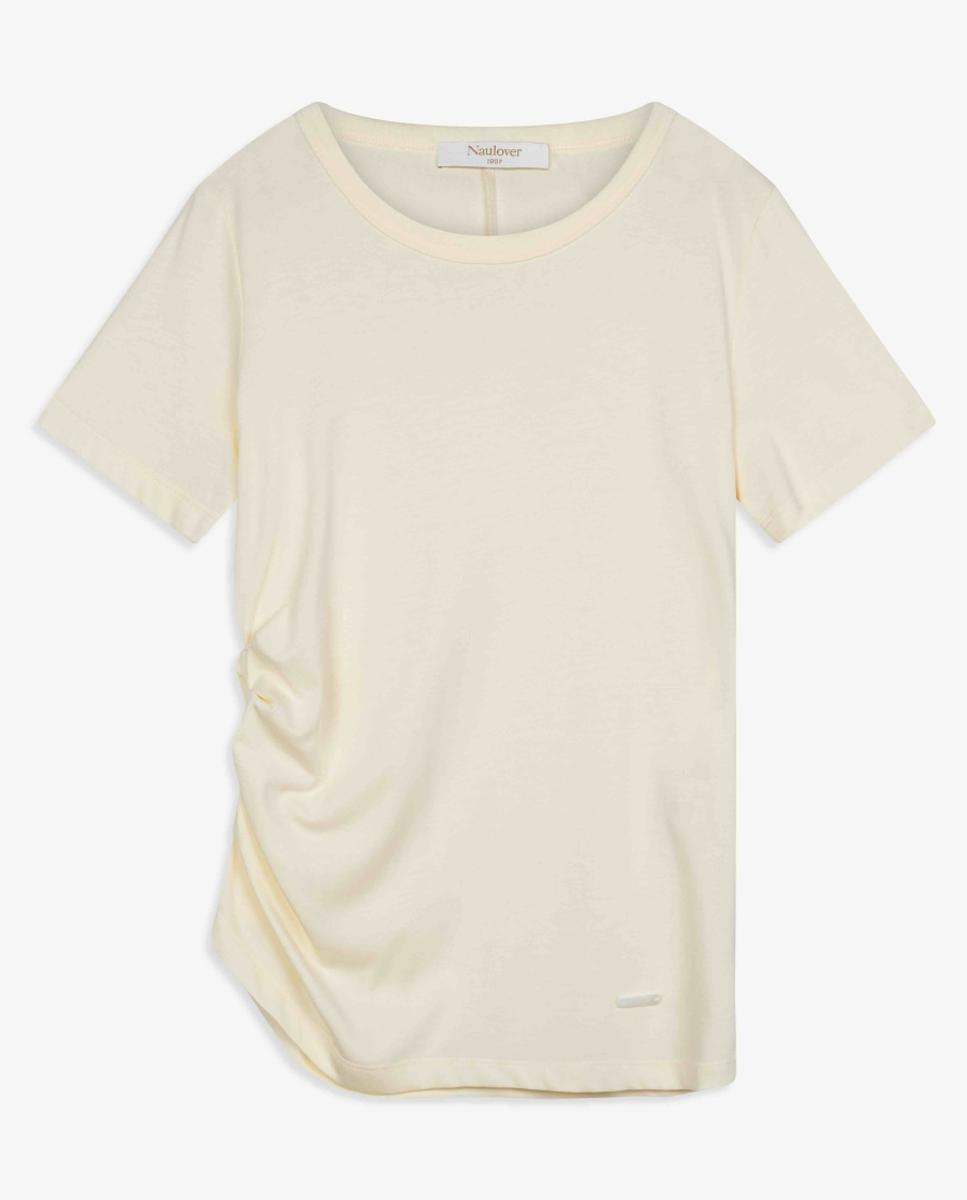 T-shirt de Algodão com Franzido Lateral Creme-5