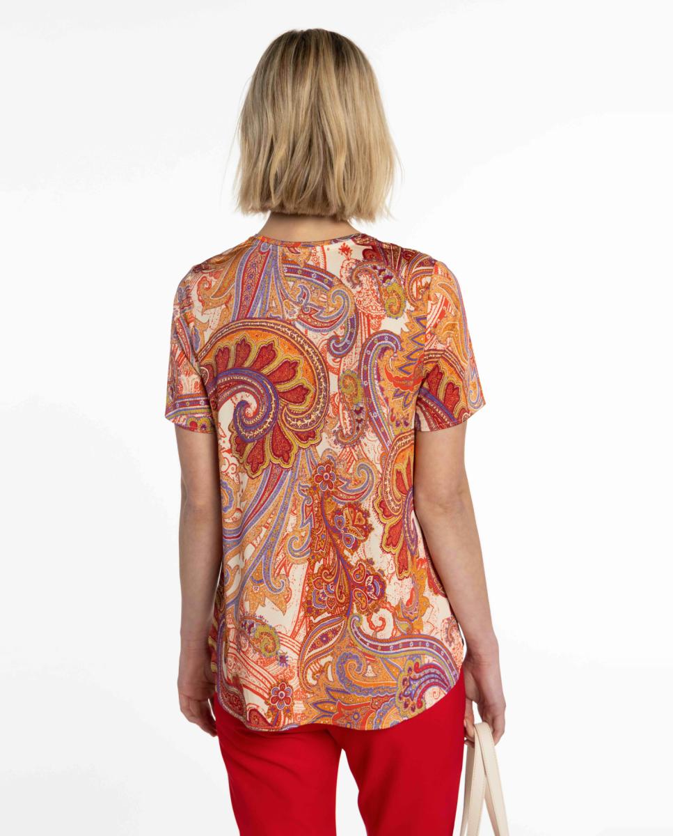 T-shirt de Malha Circular com Estampado Paisley Vermelho-2