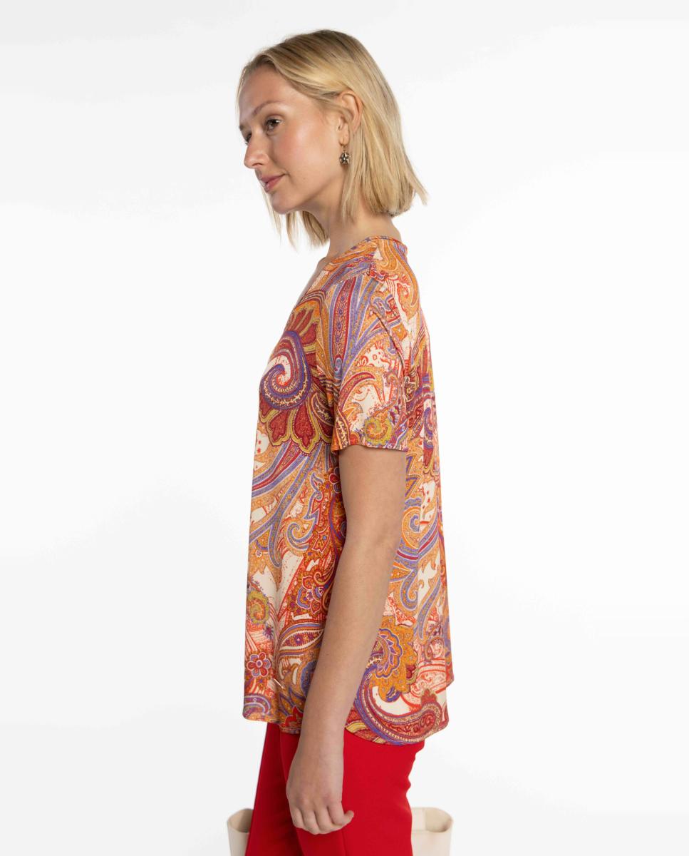 T-shirt de Malha Circular com Estampado Paisley Vermelho-3