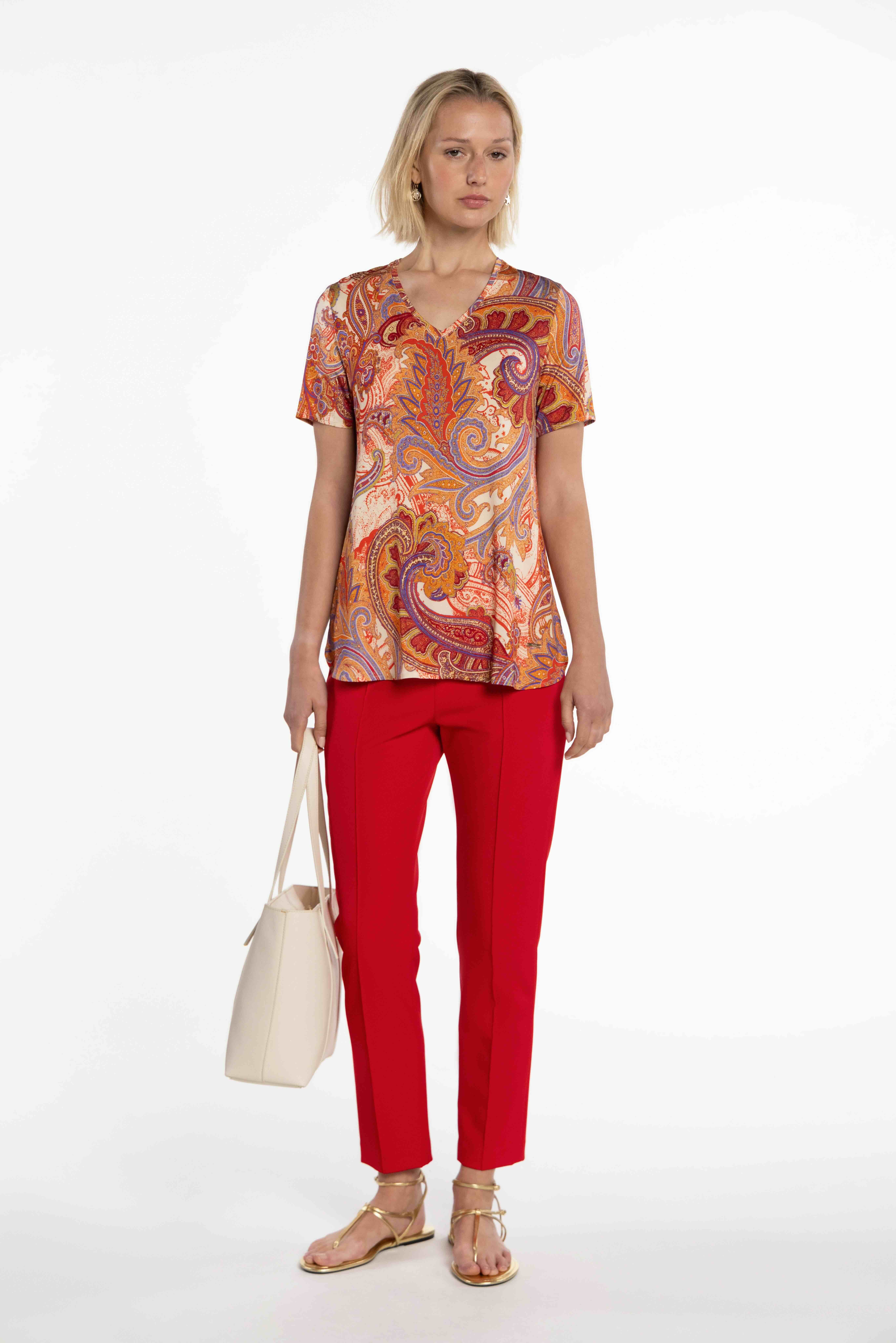 T-shirt de Malha Circular com Estampado Paisley Vermelho-6