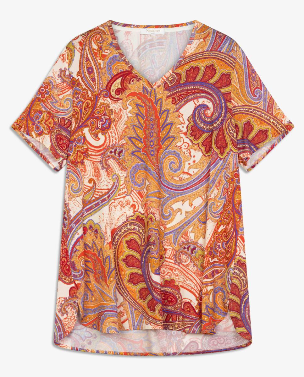 T-shirt de Malha Circular com Estampado Paisley Vermelho-5