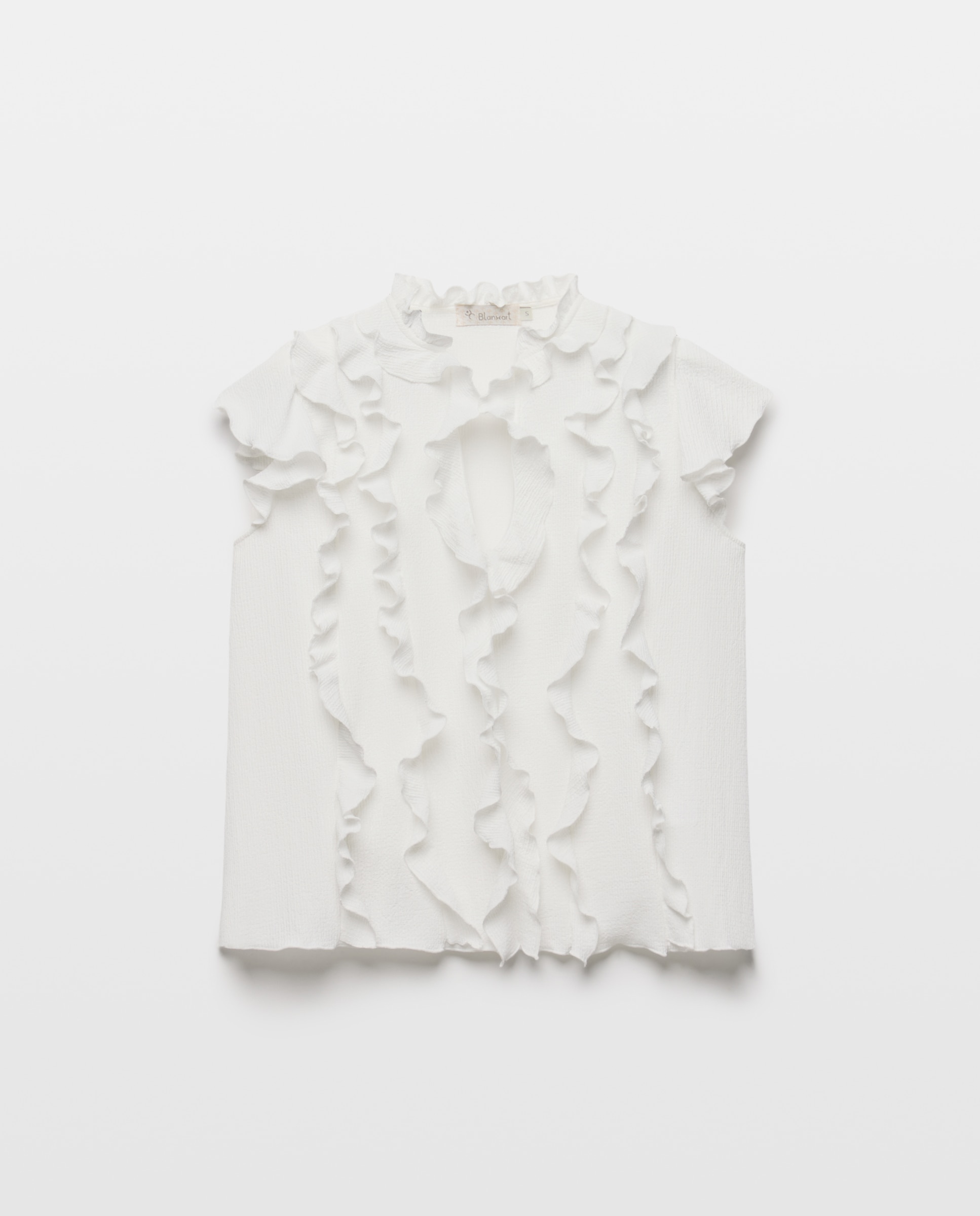 Blusa Sem Mangas com Decote em Bico e Folhos Branco-4