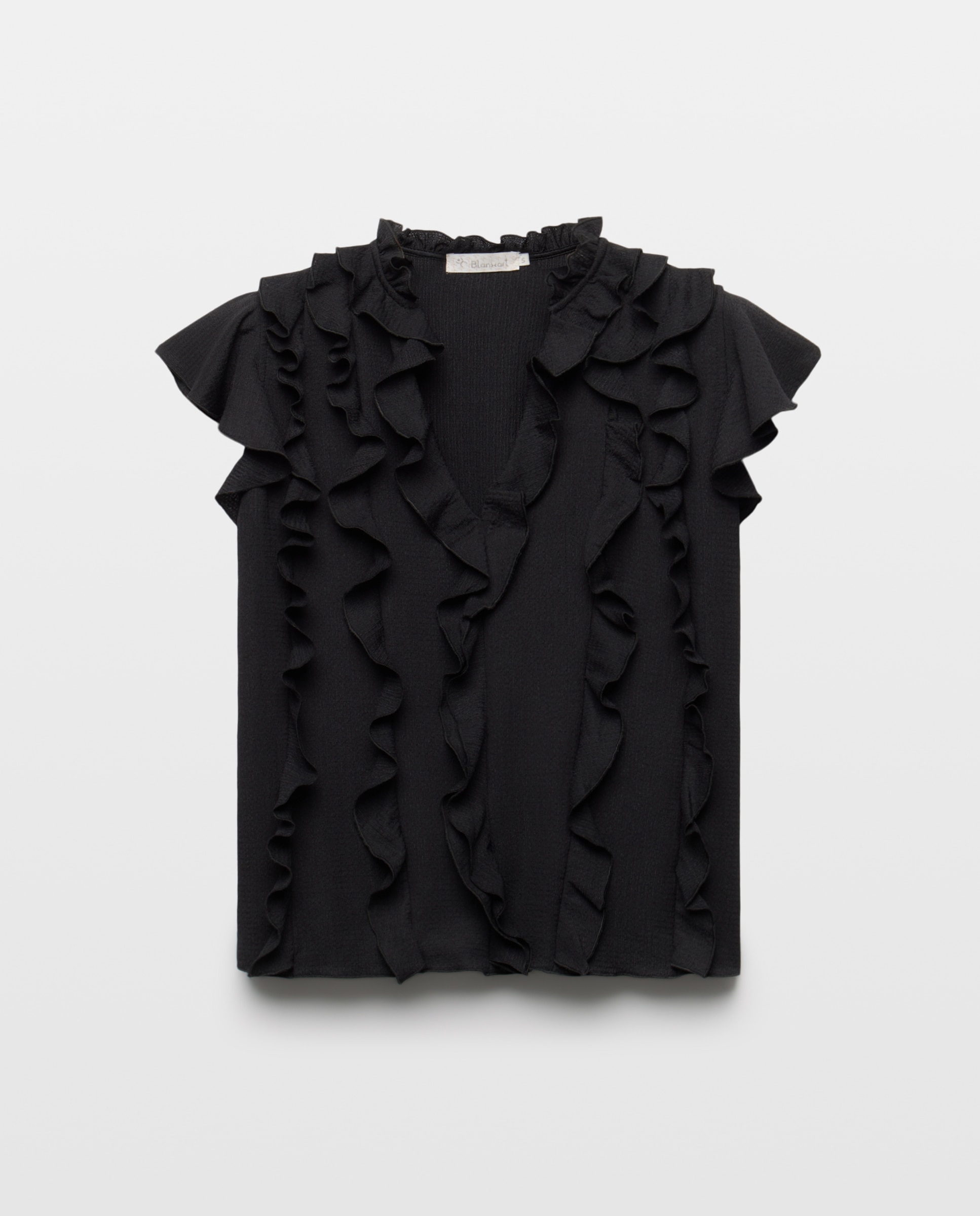 Blusa Sem Mangas com Decote em Bico e Folhos Preto-4