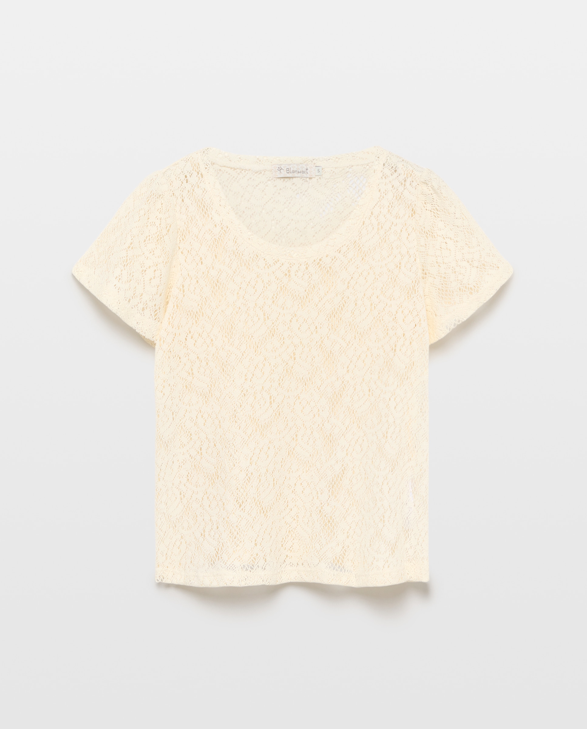 T-shirt de Manga Curta de Crochet Rendilhada Branco-4