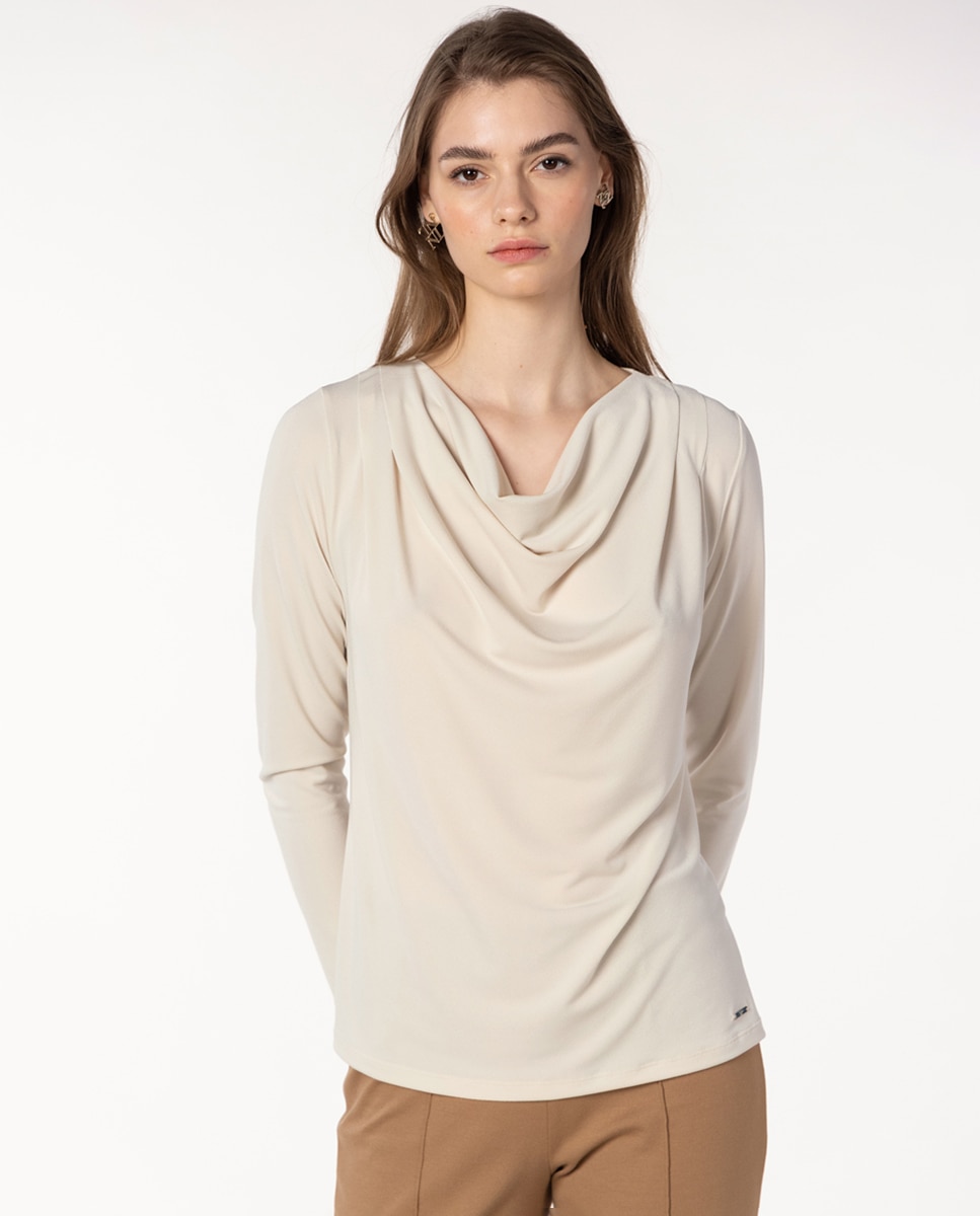 Camisola de Decote Drapeado e Manga Comprida Bege-1