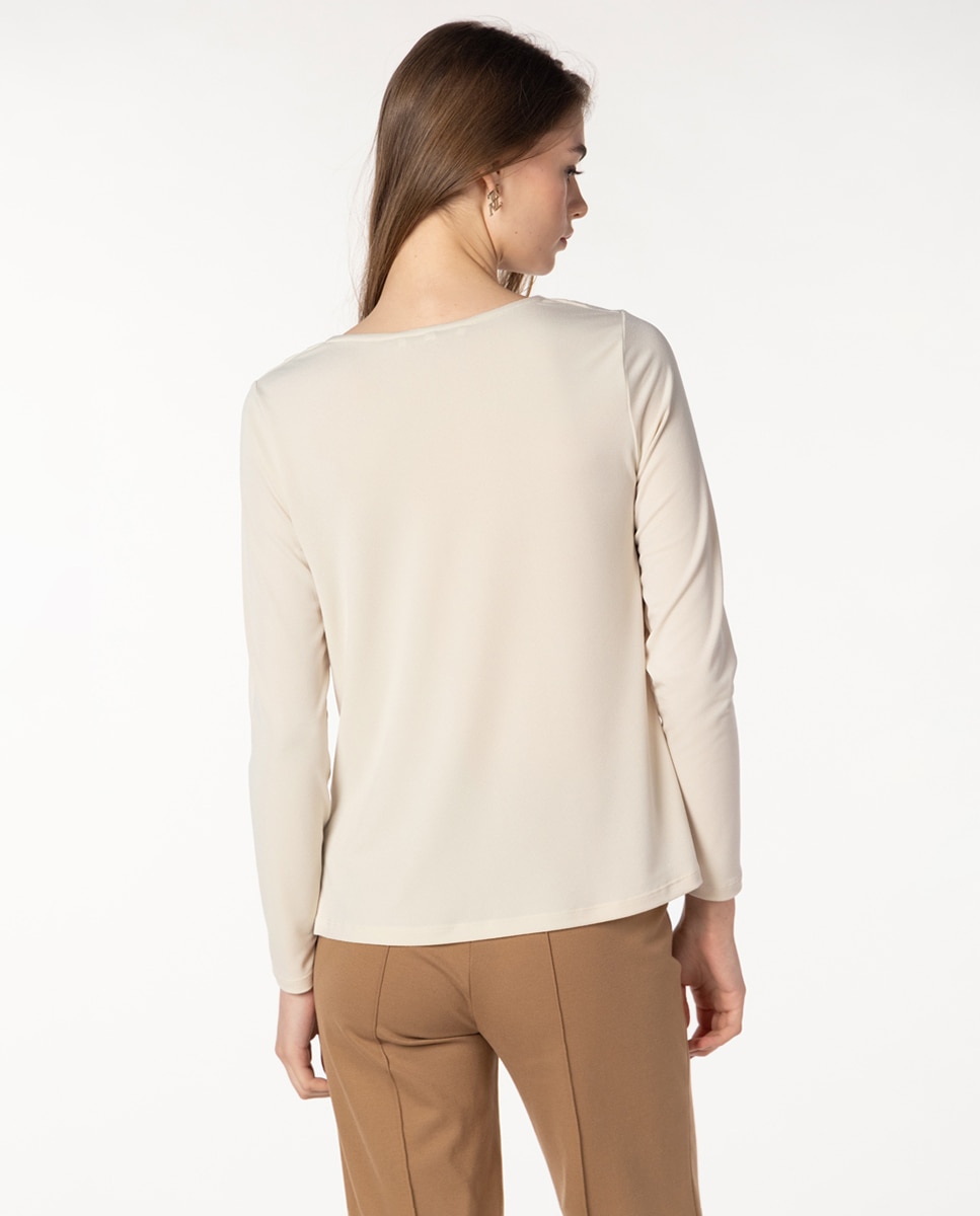 Camisola de Decote Drapeado e Manga Comprida Bege-2