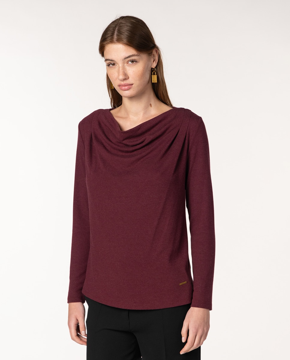 Camisola de Decote Drapeado e Manga Comprida Bordeaux-1