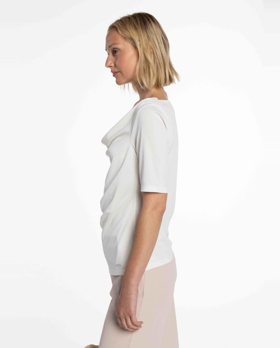 T-shirt de Malha Circular com Decote Drapeado Cru-3