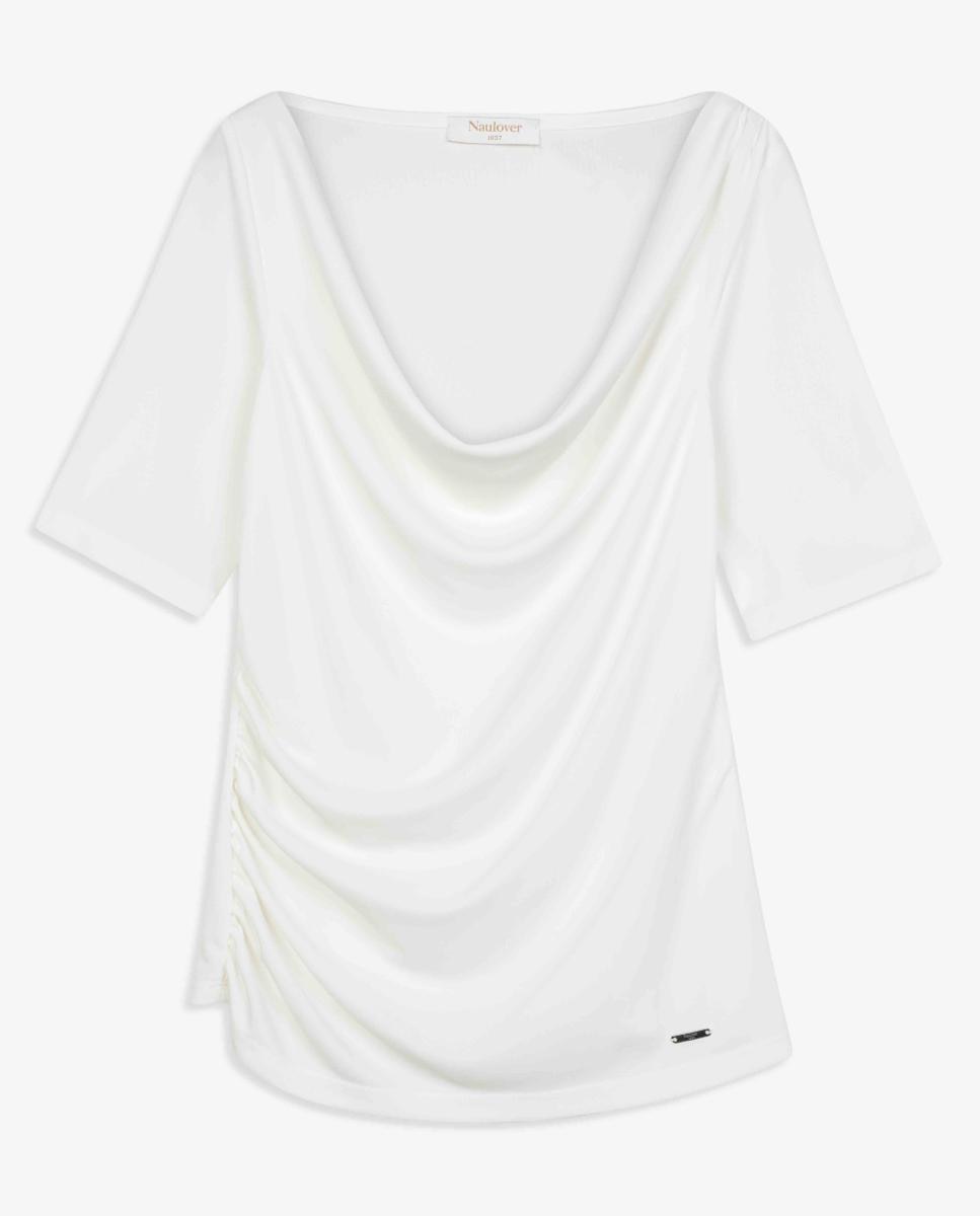T-shirt de Malha Circular com Decote Drapeado Cru-6